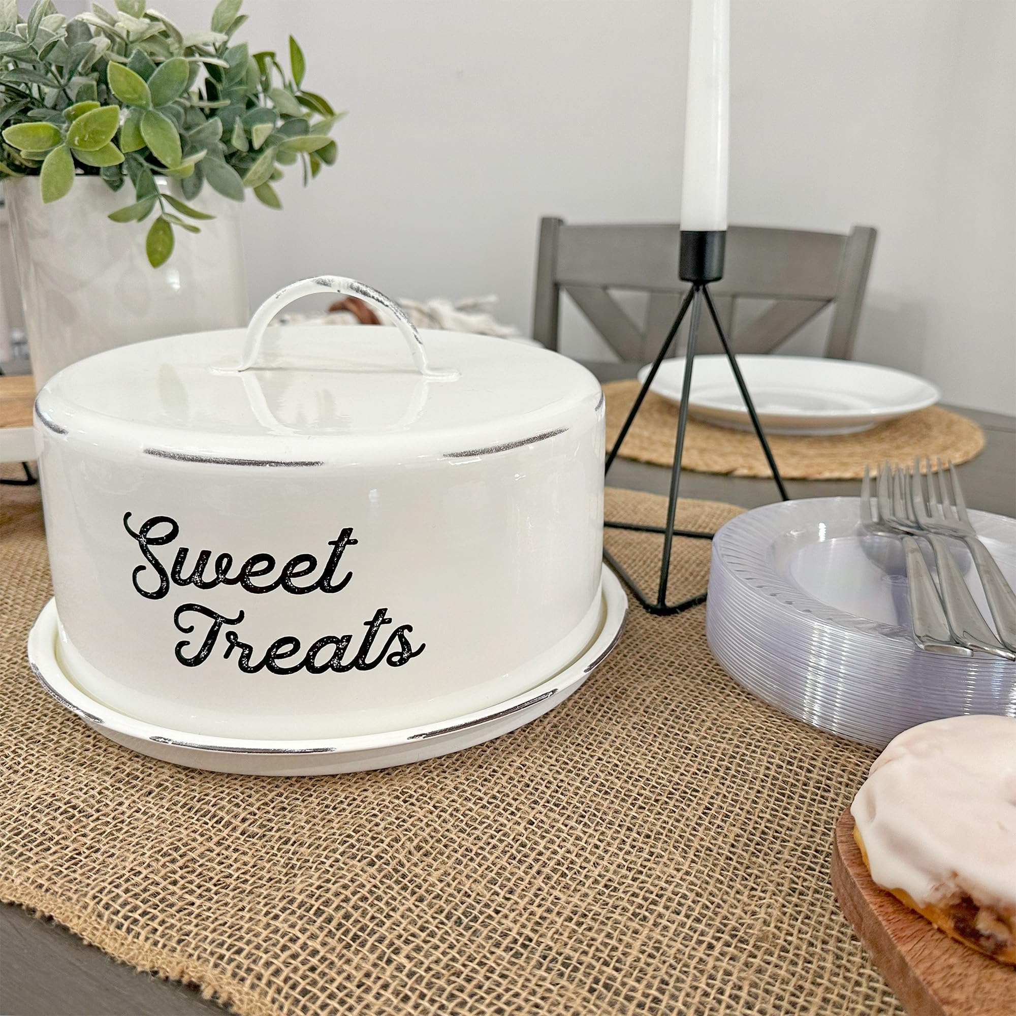 Auldhome Enamelware White Cake Cover; Rustic Decorative Cake Plate With Domed Lid