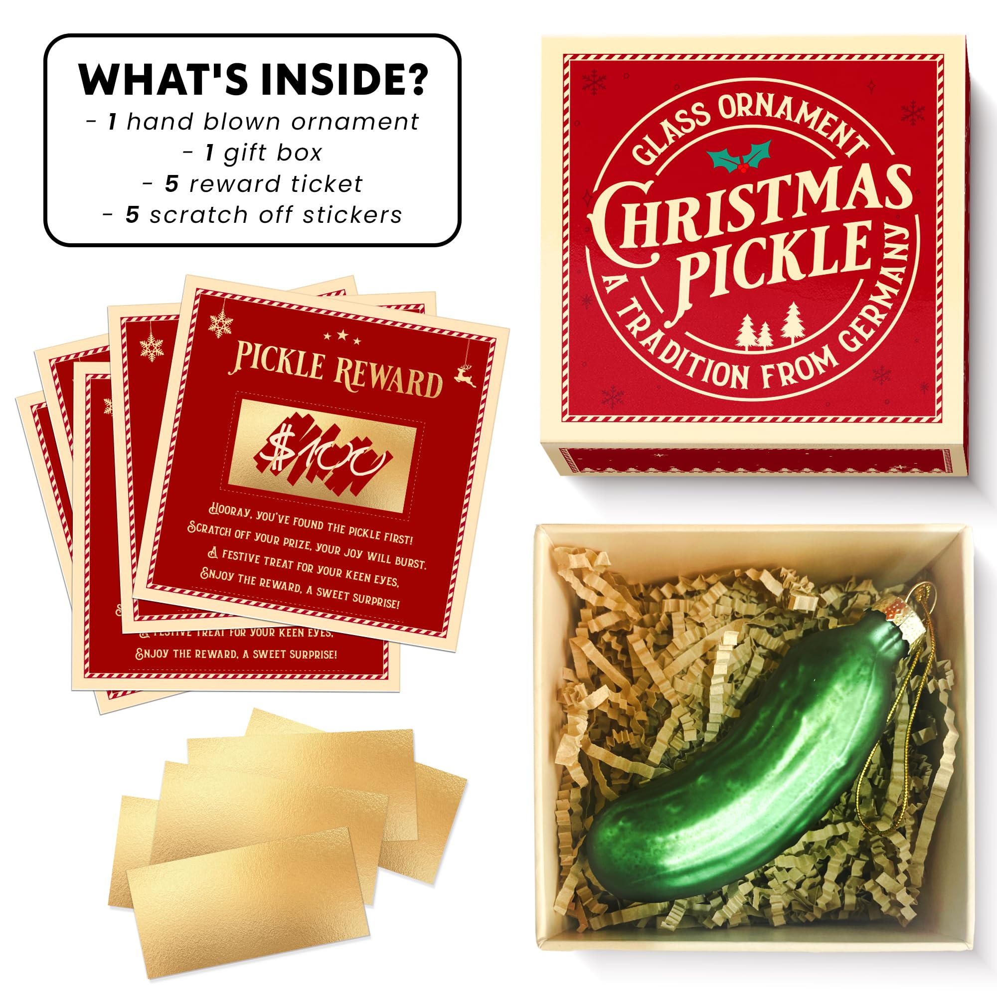 German Pickle Ornaments for Christmas Tree, Christmas Pickle Ornament with Story - German Gifts Decorations, Green Glass Ornamen