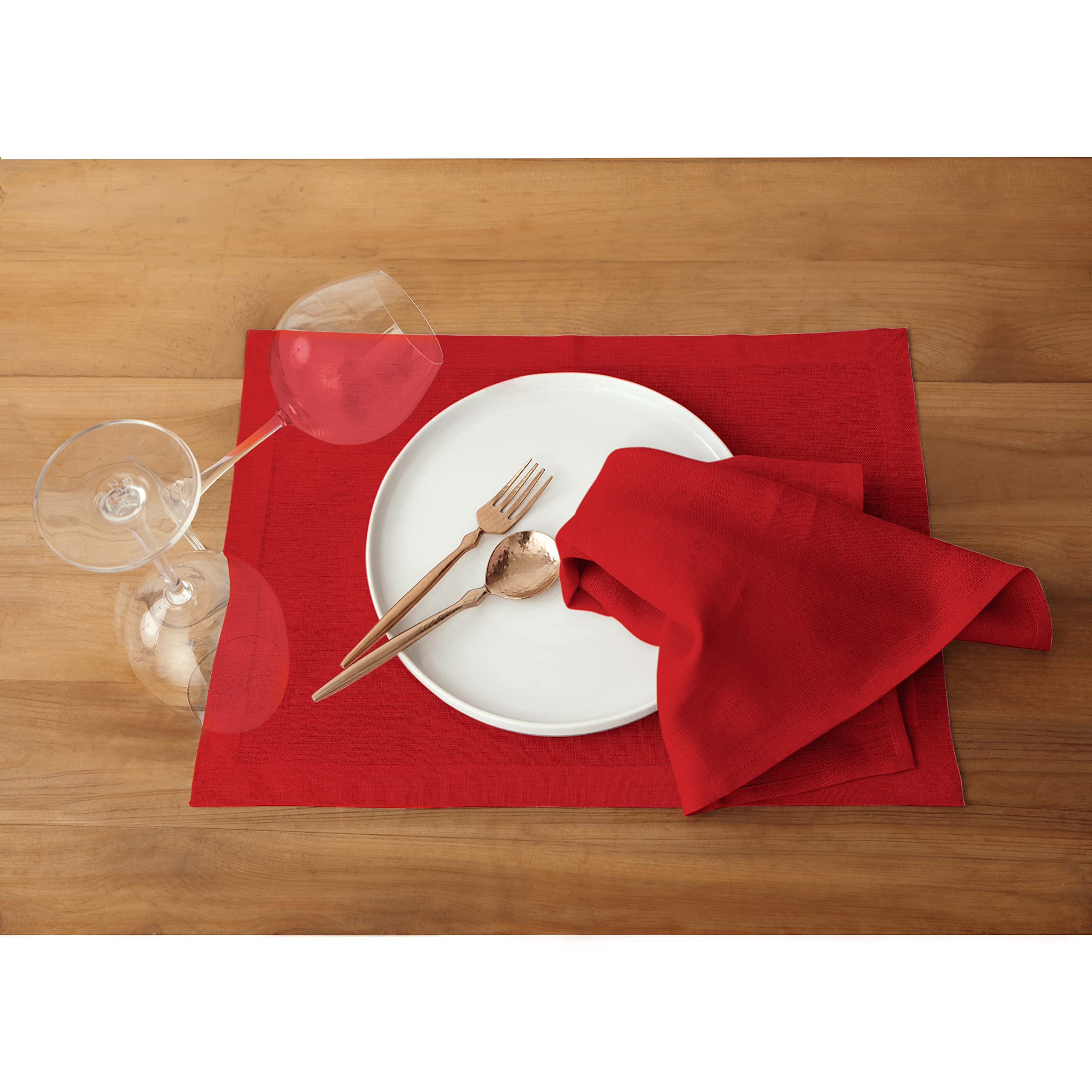Solino Home Linen Placemats 19'' L X 14'' W Inch - 100% Pure Linen Red Cloth Placemats Set Of 4 - Fete, Washable Fabric Place Ma