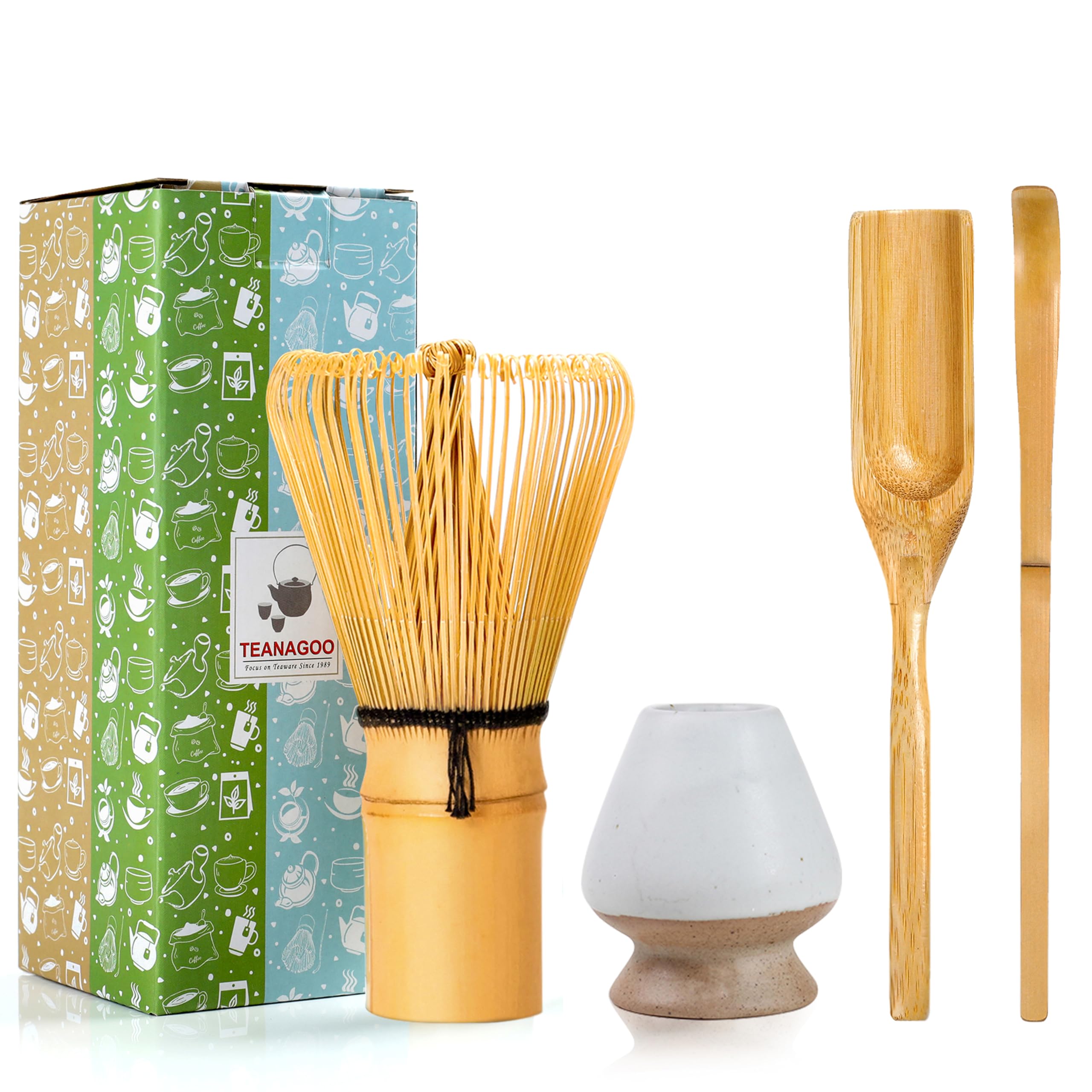 Teanagoo Japanese Matcha Ceremony Accessory, Matcha Whisk (Chasen), Traditional Scoop (Chashaku), Tea Spoon, Matte White Whisk H