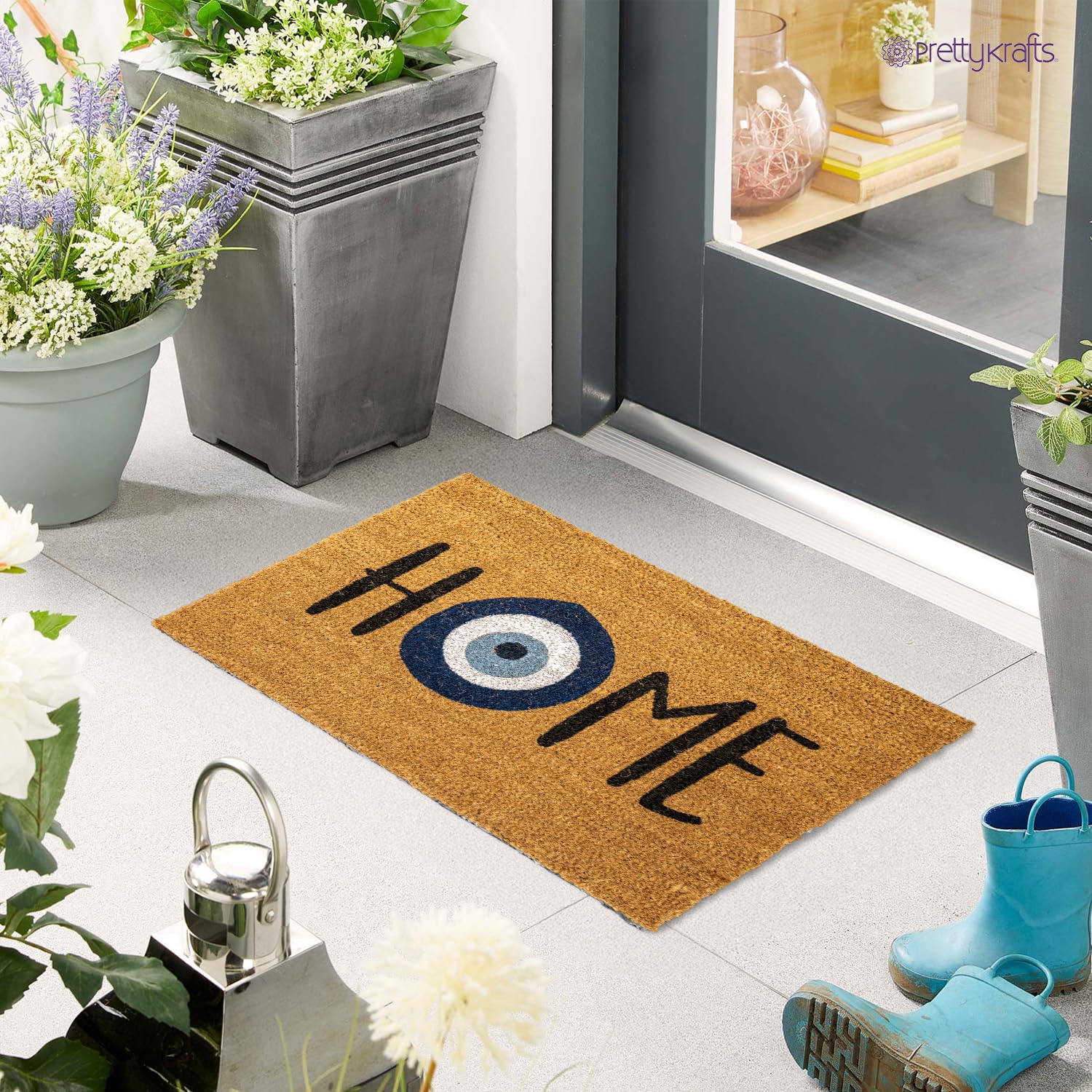 Prettykrafts Coconut Coir Door Mat For Home, Anti-Slip/Anti-Skid/Anti Bacterial Evil Eye Floormat, Moisture & Weather Resistant,