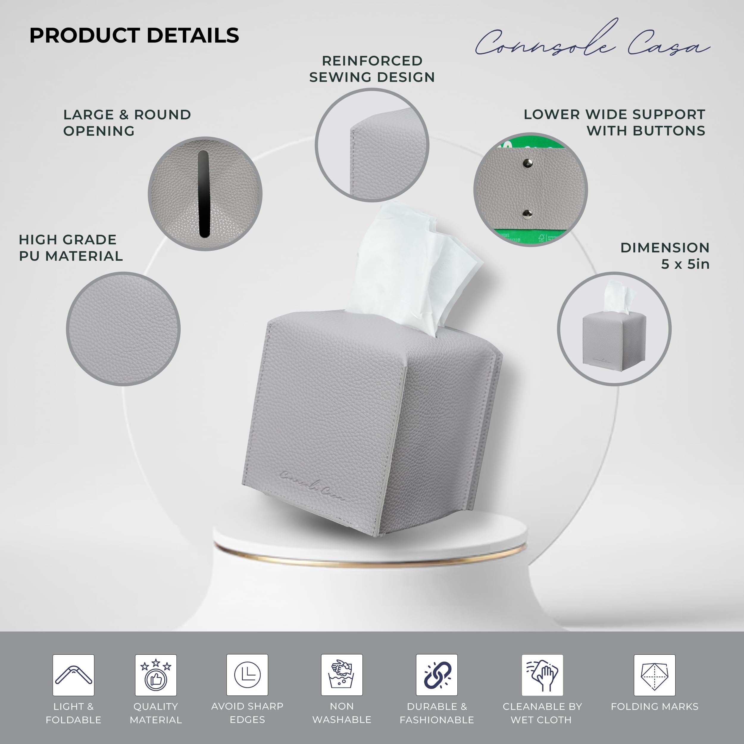 Connsole Casa Premium Pu Leather Tissue Box Holder - Elegant Hotel-Style Grey Tissue Box Cover For Enhanced D  Cor Of Home, Offi