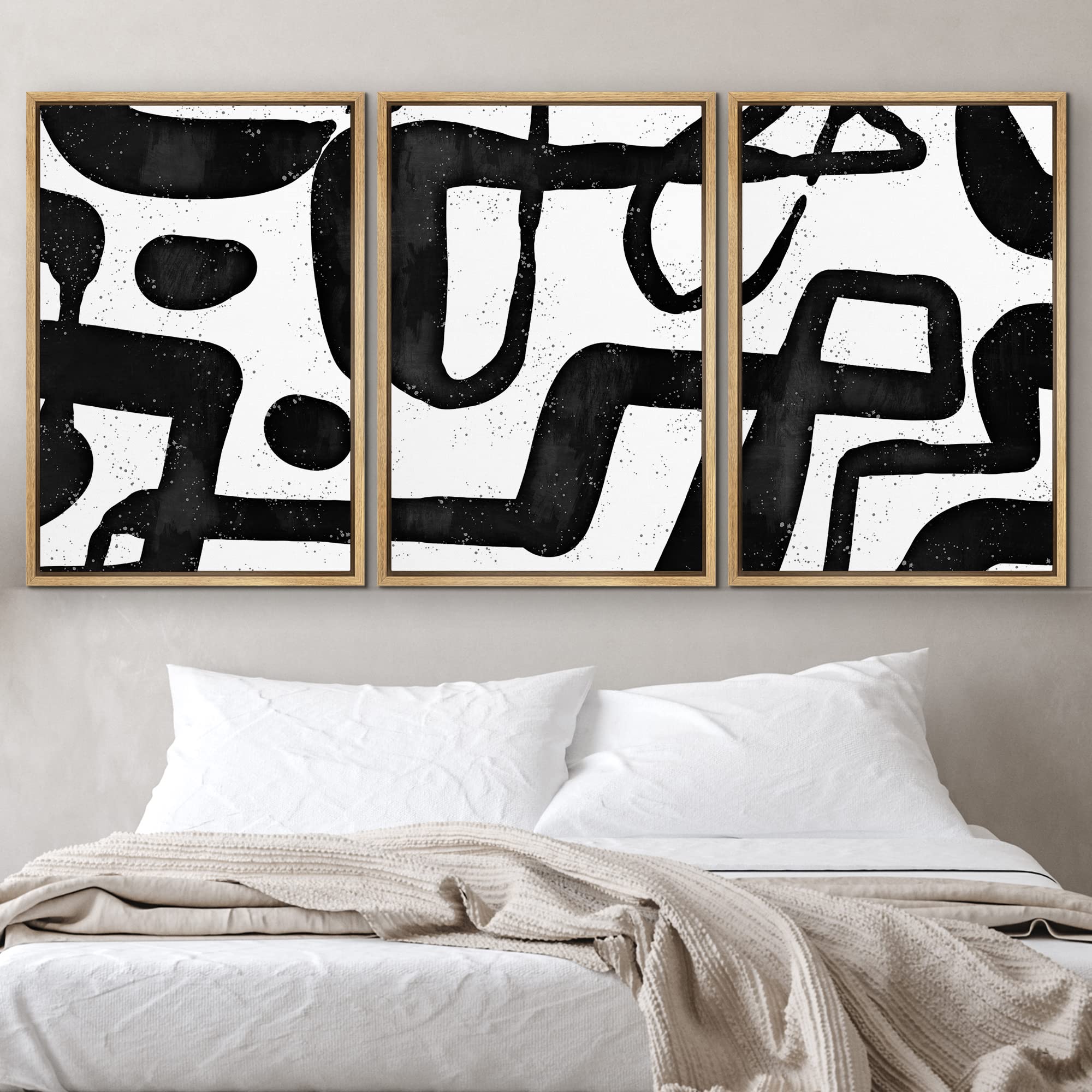Idea4Wall Framed Wall Art Print Set Black & White Paint Stroke Pattern Abstract Shapes Illustrations Modern Art Mid-Century Mode