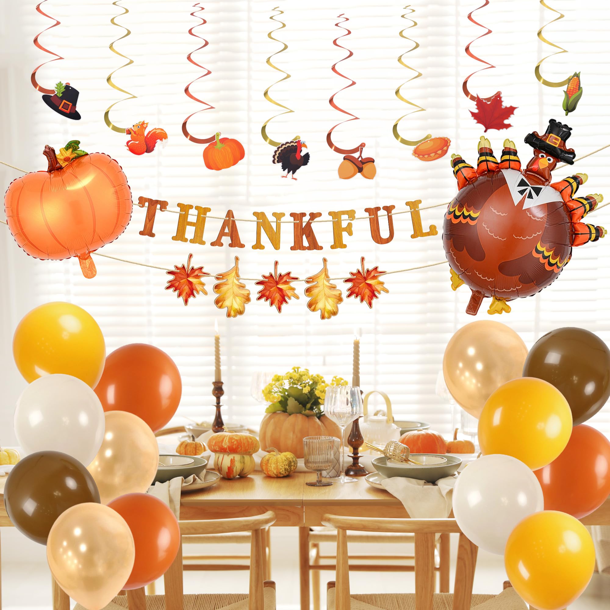 Party to Be Thanksgiving Decorations Set of 30 Pieces Thankful Banner in Wood, Hanging Swirls, Pumpkin and Turkey Balloon Kit Fa