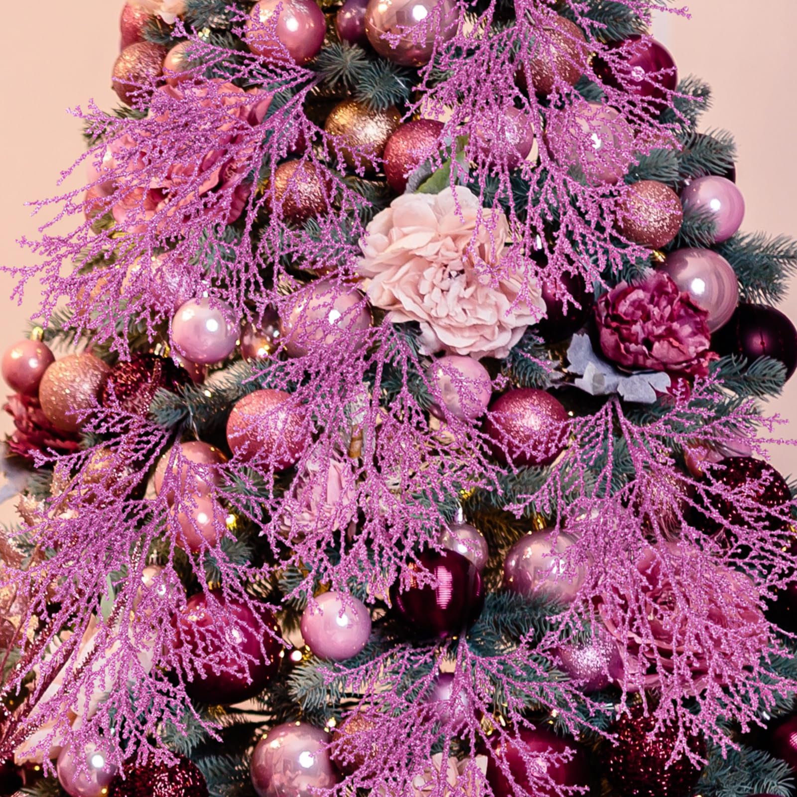 Winlyn 15 Pcs Pink Cedar Glitter Sprays Picks Christmas Floral Picks Artificial Cedar Branches Stems Pink Christmas Tree Picks f