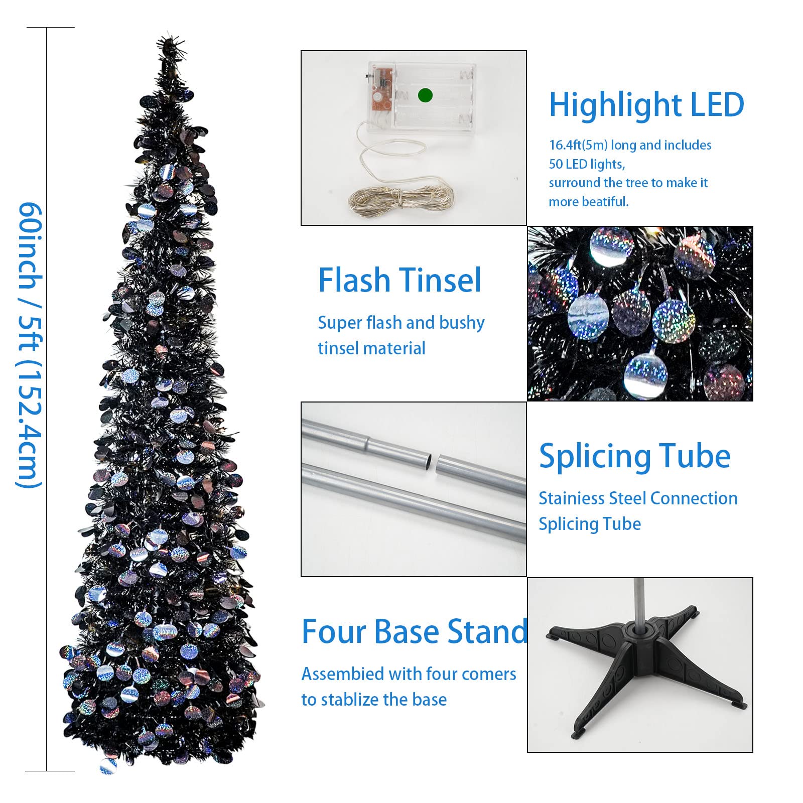 Black Halloween Christmas Tree with 50 Lights,5ft Pop Up Artificial Collapsible Pencil Tinsel Trees for Bedroom Decorations Holi