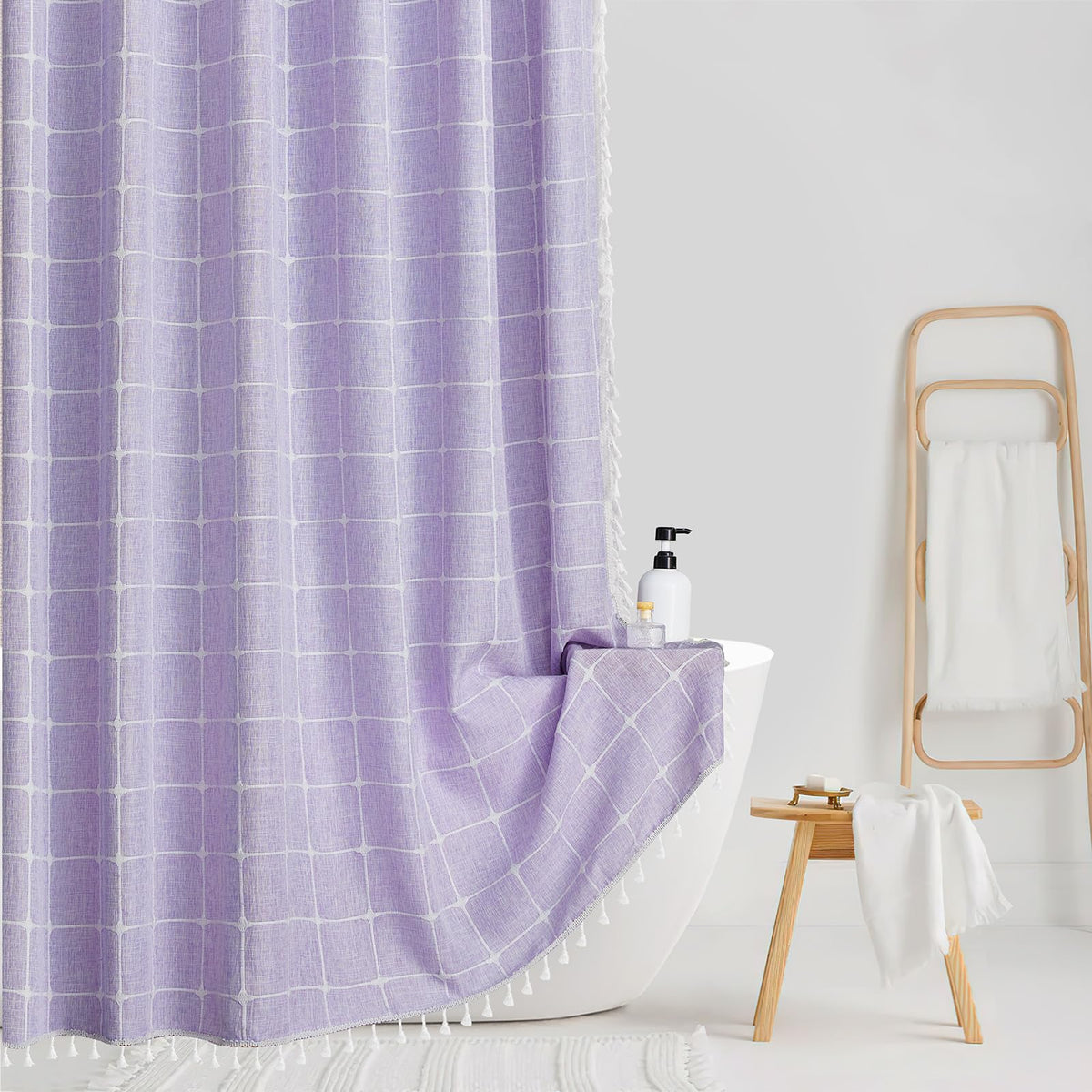 Yuanice Extra Long Bath Fabric Curtain - 84 Inches Lavender Boho Linen Rustic Heavy Duty Tassel Shower Curtain, Large Modern Lux