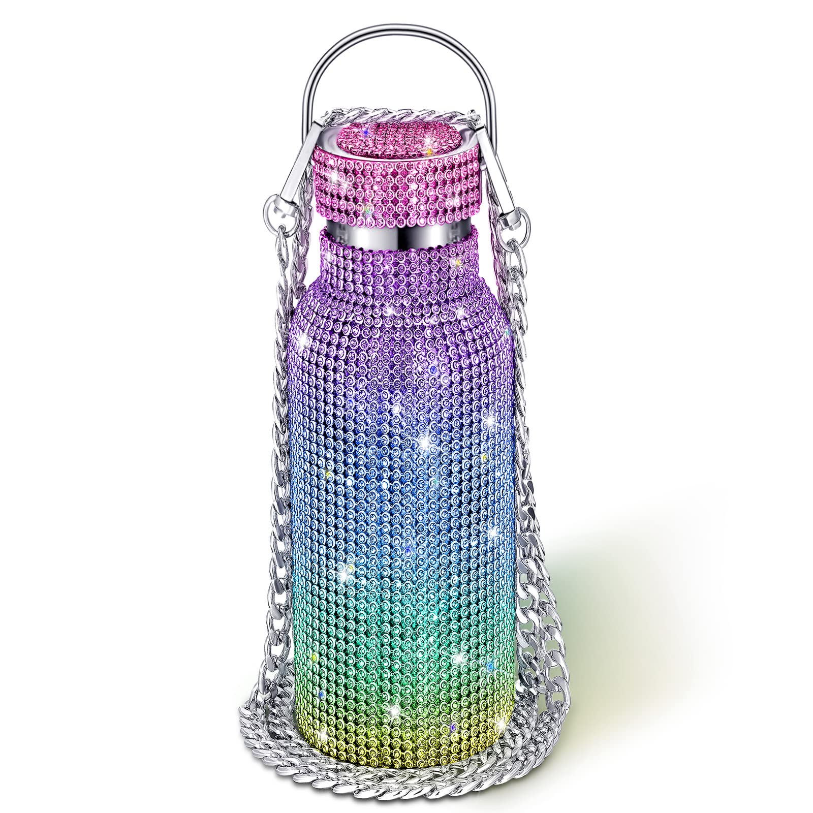 Diamond Water Bottle Bling Rhinestone Stainless Steel Thermal Bottle Refillable ,Insulated , Glitter Water Bottle With Chain For