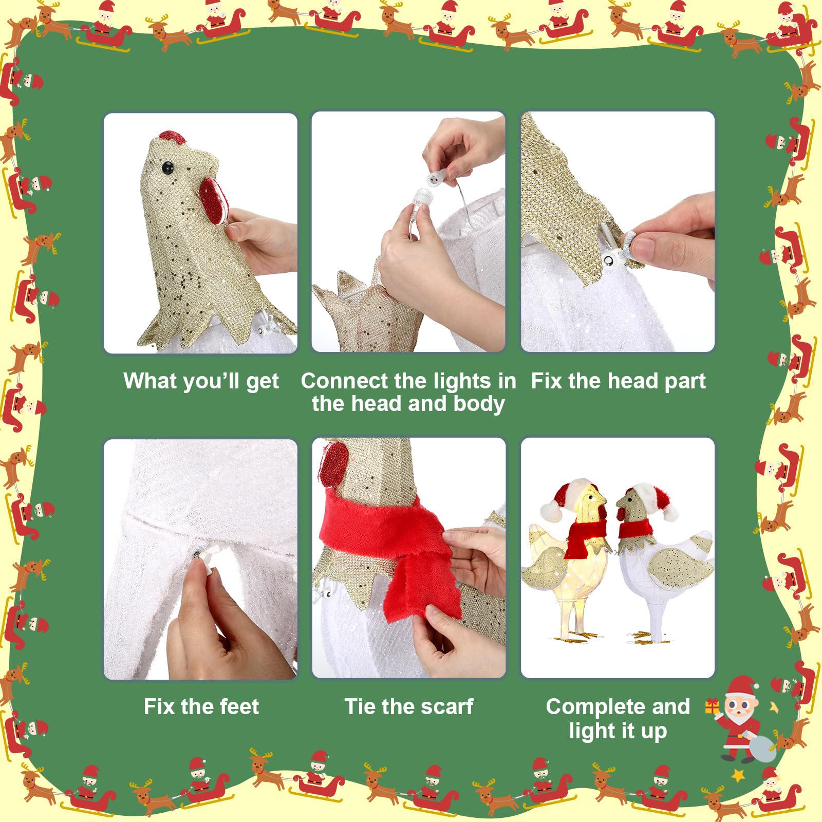 Colingmill 20.8 Inch Light Up Chicken Christmas Decoration Outdoor Large Glitter Chicken with LED Lights and Metal Frame Pre Lit