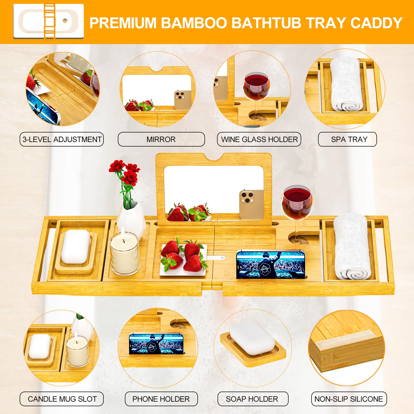 Premium Bathtub Tray Caddy With Makeup Mirror Bamboo - Bath Tray Expandable- Unique House Warming Gifts, New Home, Anniversary &