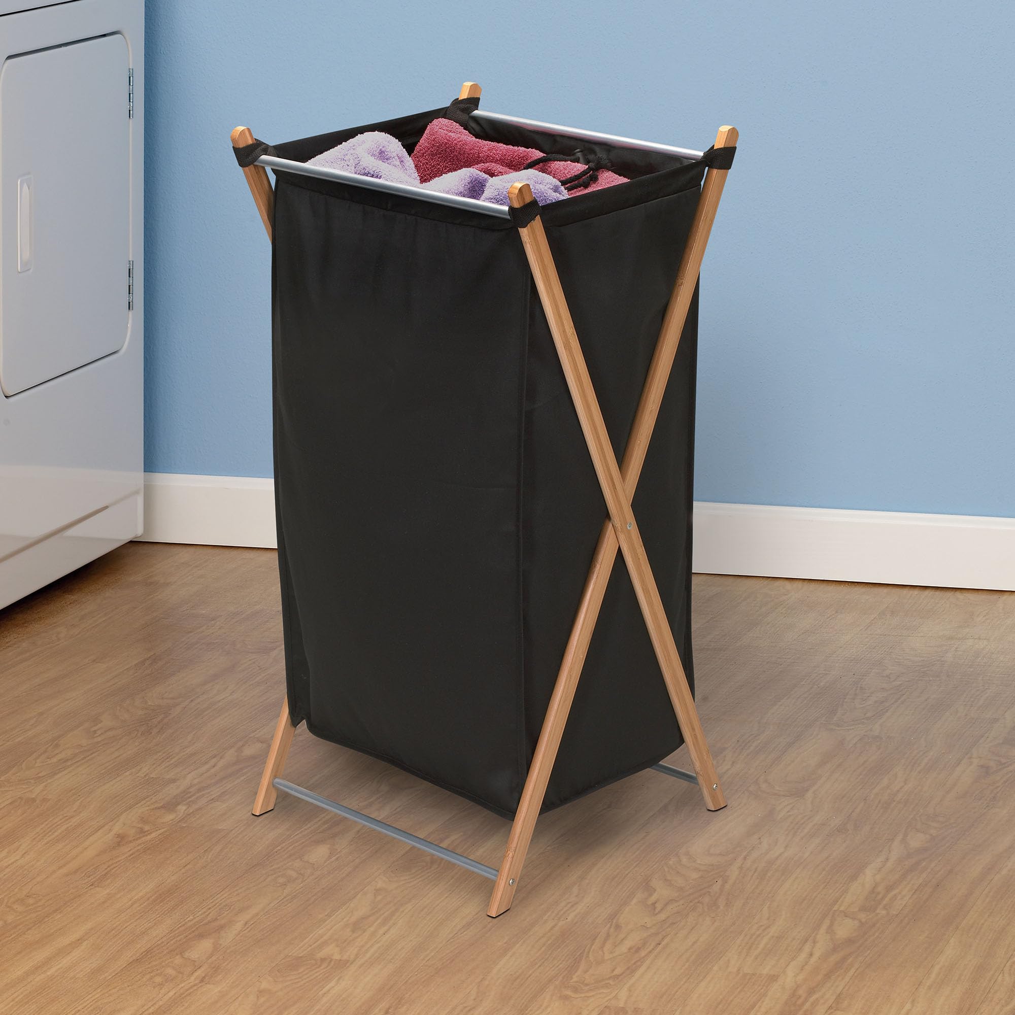 Household Essentials X-Frame Bamboo Laundry, Collapsible Wood Frame With Washable Poly-Cotton Bags