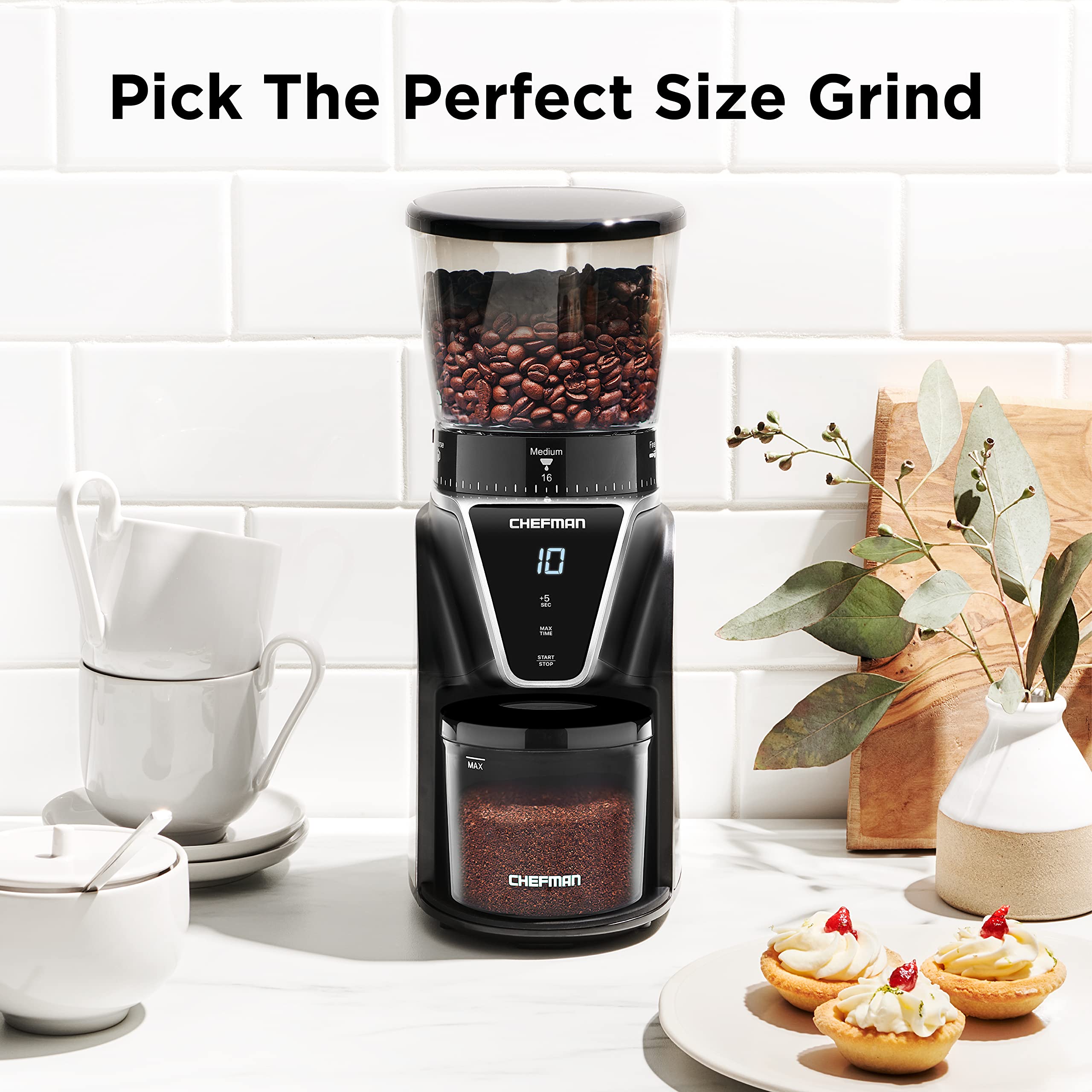 Chefman Conical Burr Coffee Grinder, Create The Boldest & Most Flavorful Grind With 31 Settings From Coarse To Extra Fine, One-T