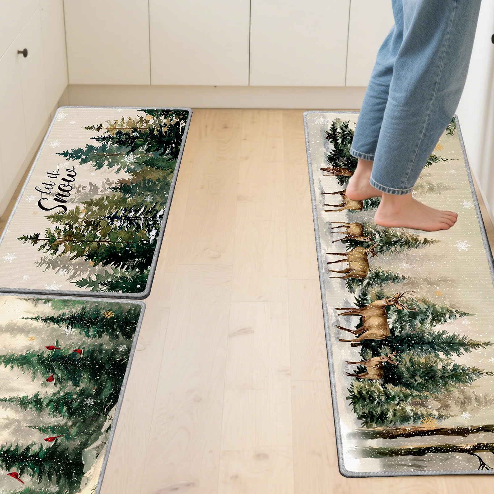 InIsaJace Christmas Winter Kitchen Rugs Set of 3, Merry Christmas Kitchen Mats Decor Non Slip, Washable Snow Pine Tree Elk Mats