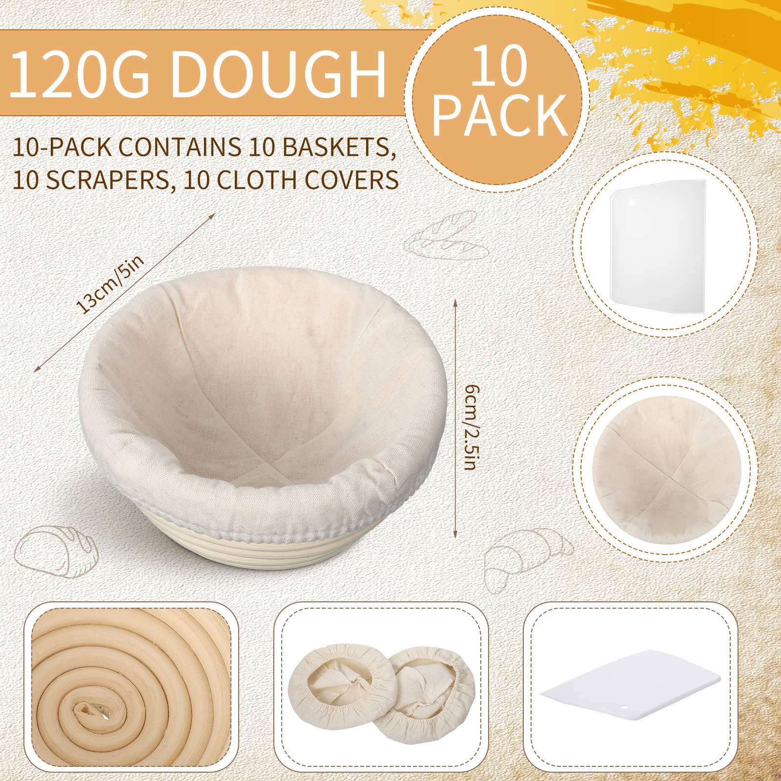 Irenare 10 Pcs Bread Banneton Proofing Basket Round Dough Sourdough Proofing Basket Rattan Bakery Baking Bread Bowl With Liner A