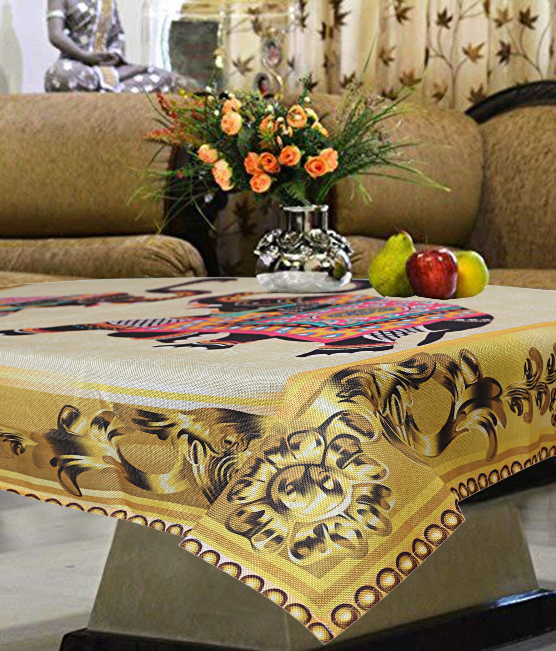Kuber Industries Elephant Design Jute 4 Seater Center Table Cover - Gold (Ctktc02060)