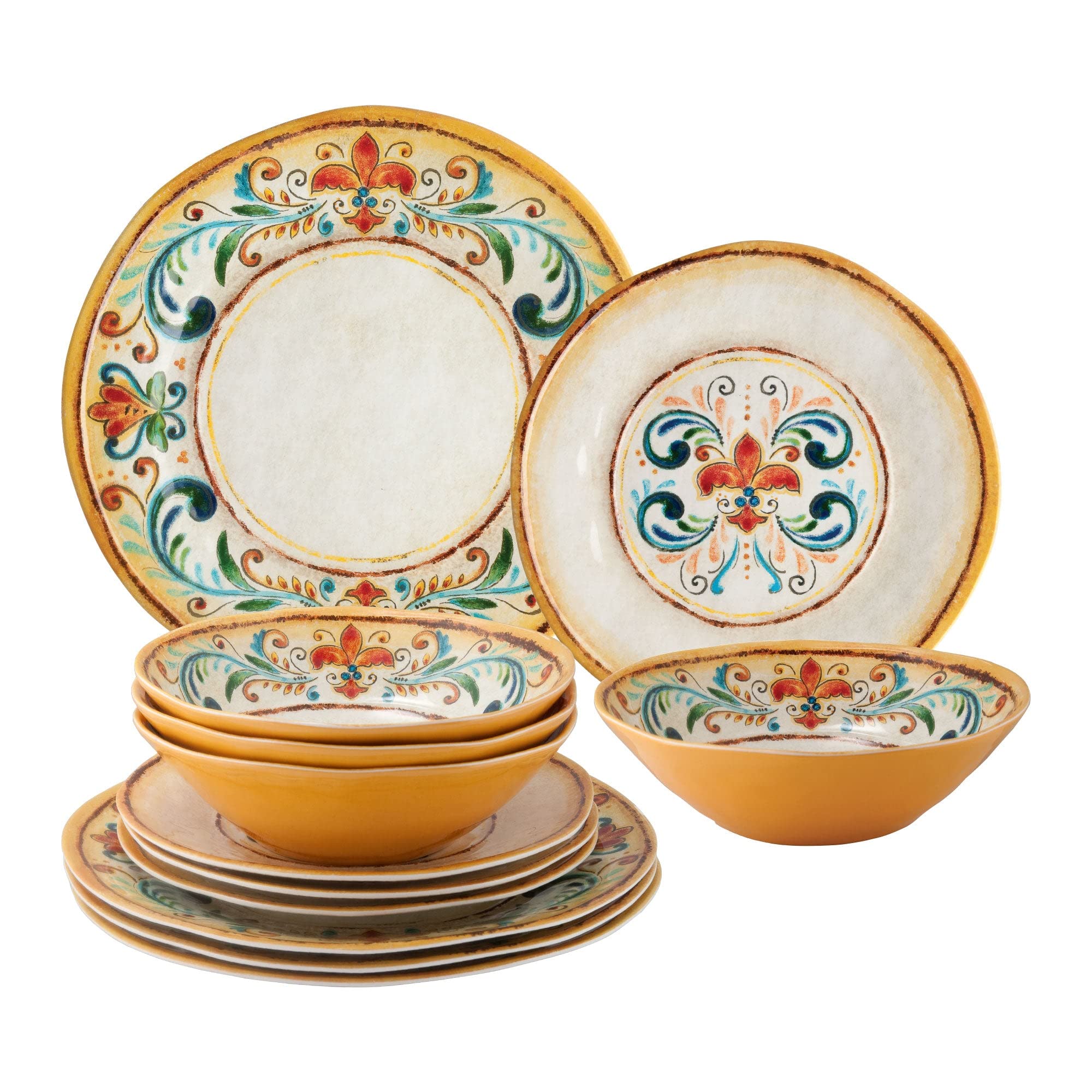 Supreme Housewares 12-Piece Melamine Dinnerware Set, Includes Dinner Plates, Salad Plates, Bowls, Service For 4. (Tuscany)