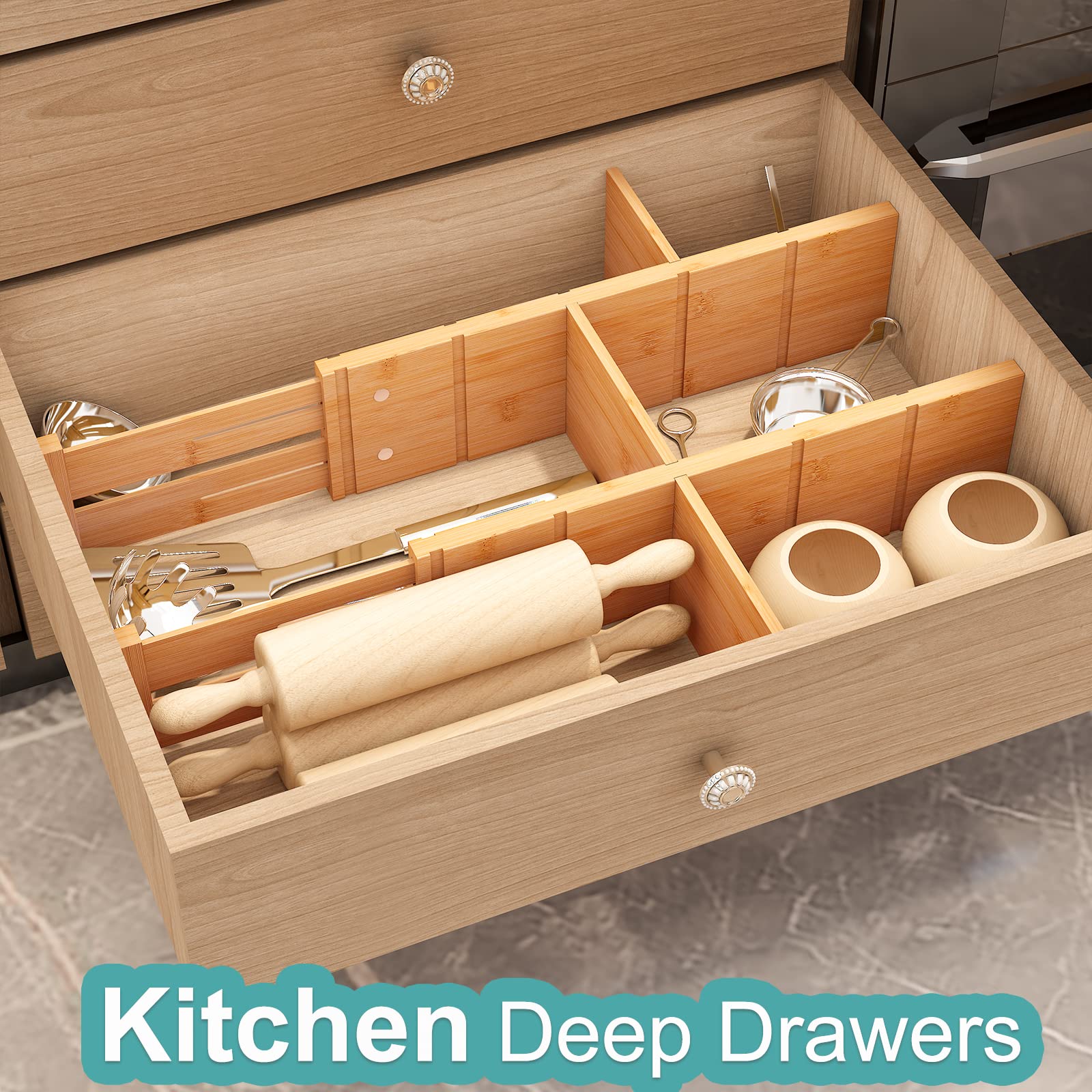Vriccc 4.4'' High Bamboo Drawer Dividers with Inserts, Kitchen Adjustable Drawer Organizers, Expandable Organization for Home, O