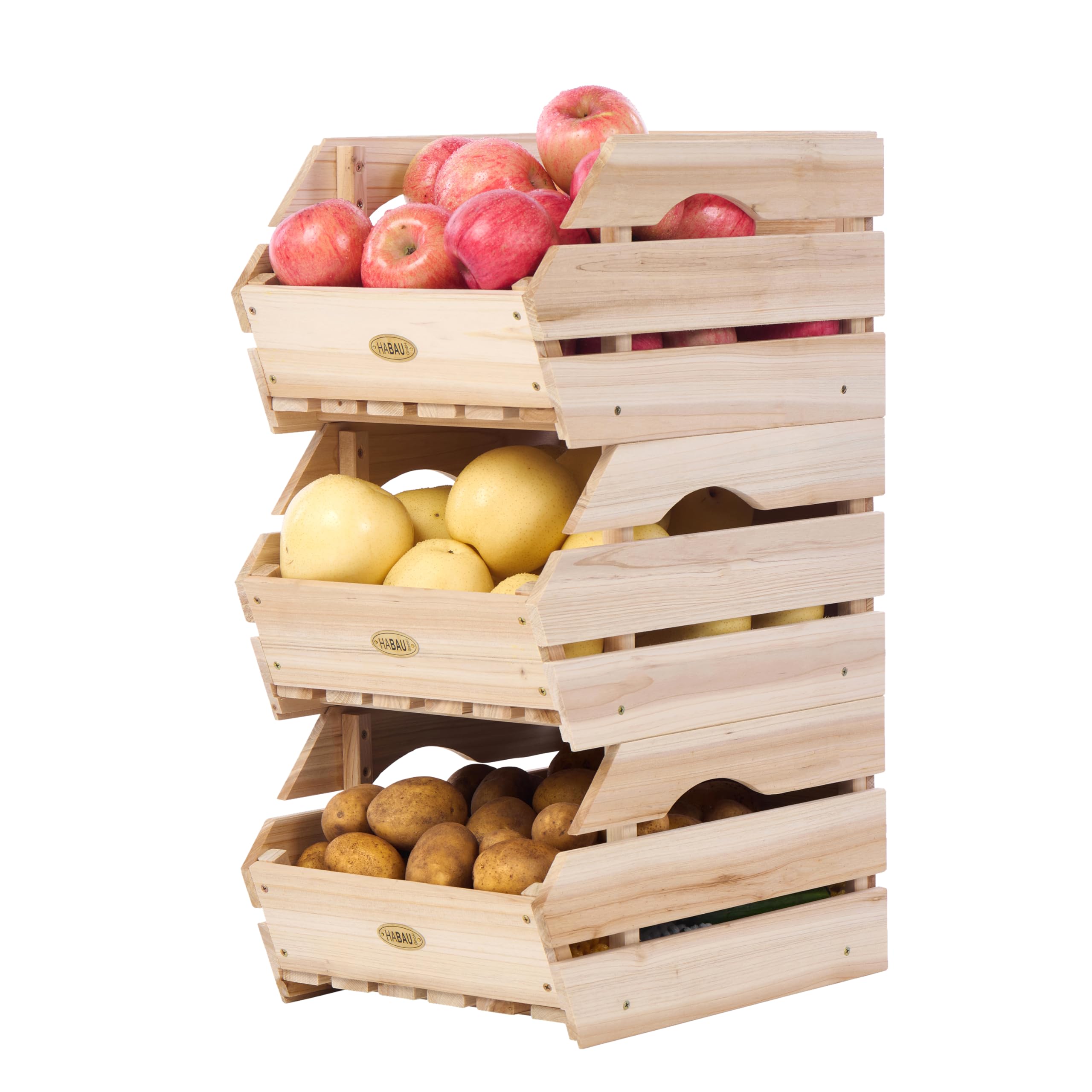 HABAU Wood Potato Onion Storage Bins - Wooden Stackable Produce Basket - Fruit Vegetable Storage for Kitchen Pantry Organization