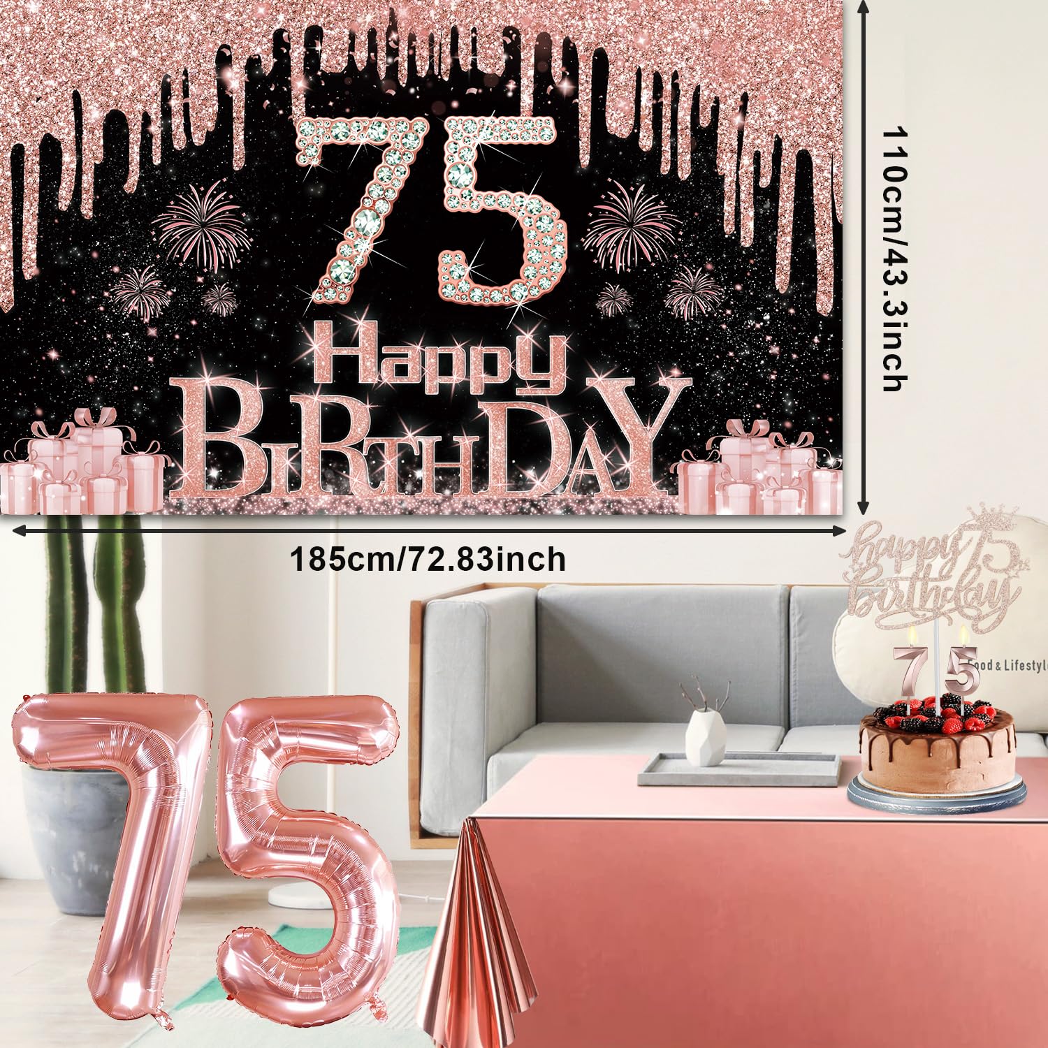75Th Birthday Decorations For Women With Banner, Rose Gold Tablecloth, Number Balloons, 75Th Birthday Sash And Tiara, Cake Toppe