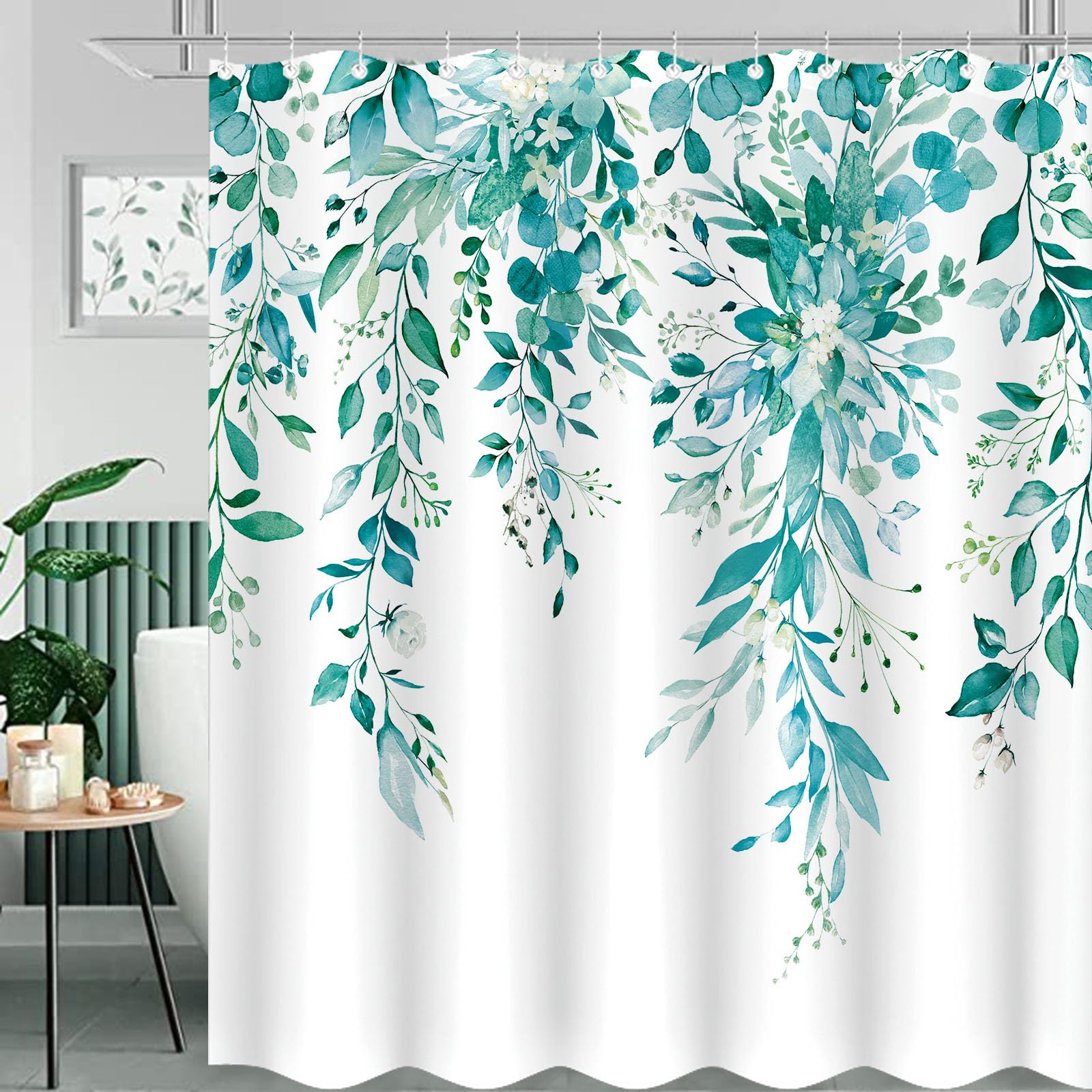 Zussun 84 Inch Extra Long Teal Eucalyptus Shower Curtain Watercolor Floral Plant Leaf Shower Curtains For Bathroom Botanical Flo