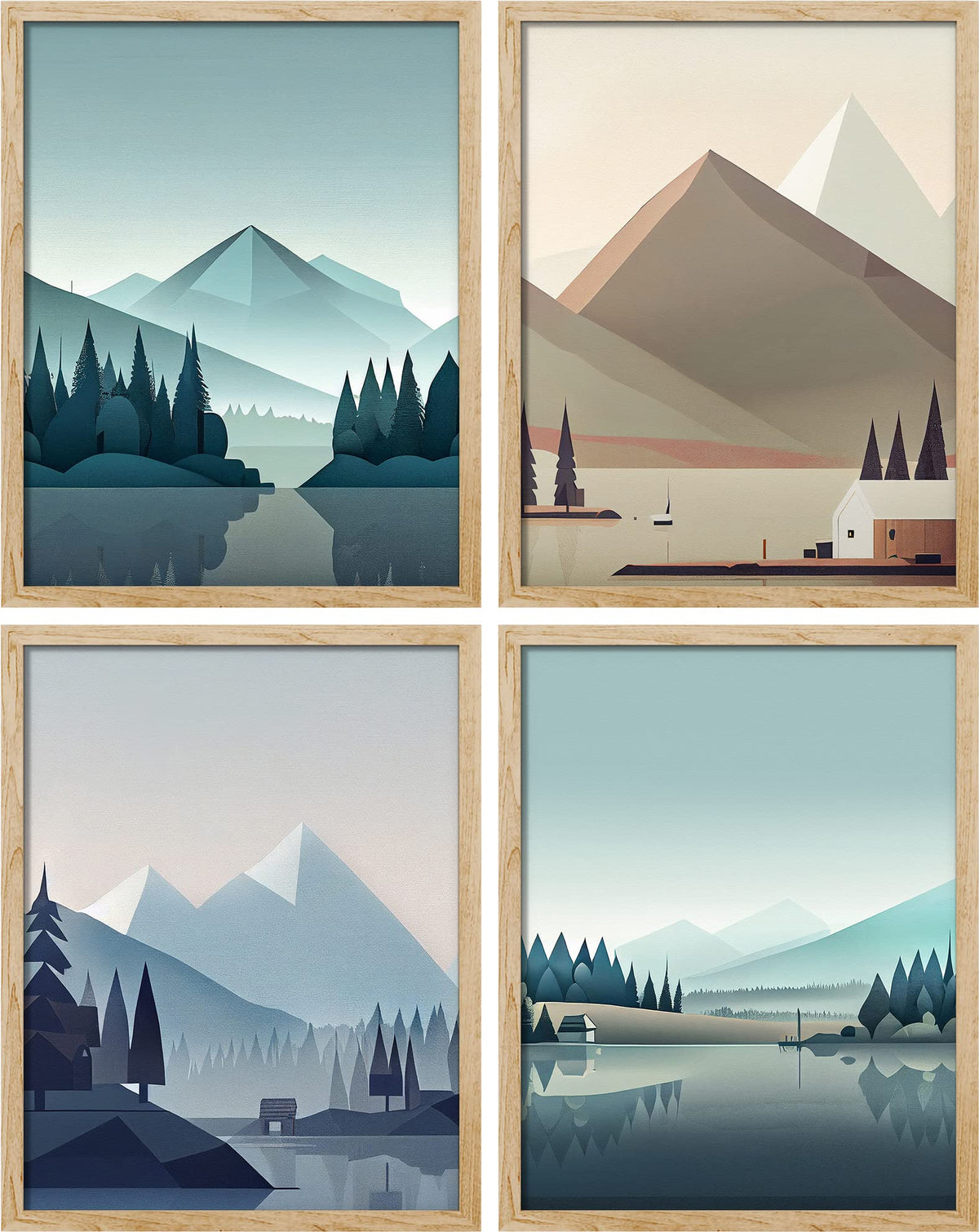 Signwin Framed Pastel Mountain Forest Lake Wall Art, Set Of 4 Landscapes Silhouette Wall Decor Prints, Wilderness Nature Wall D