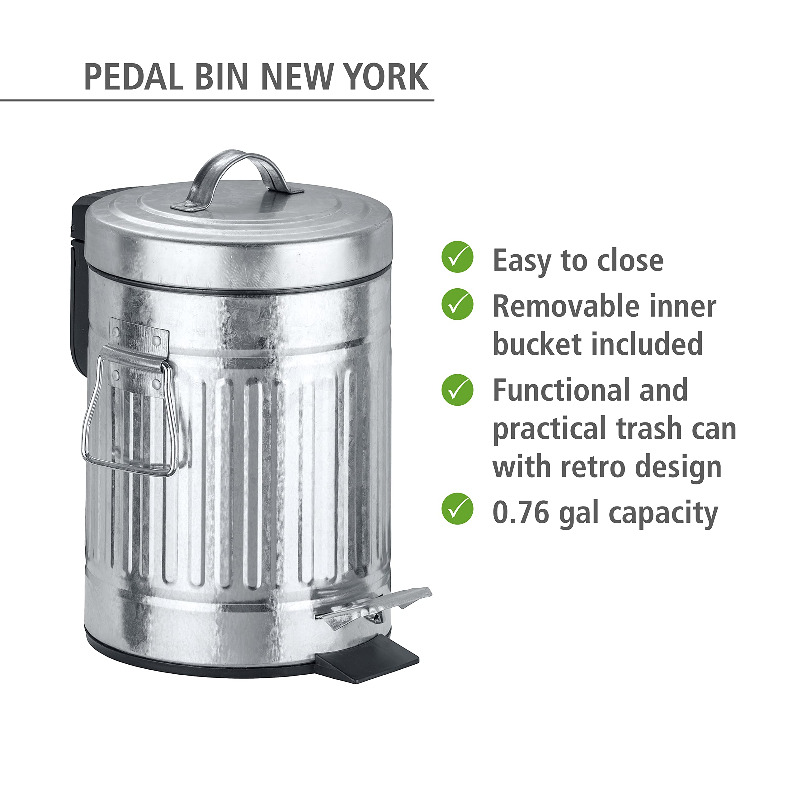 Wenko Step Trash Can With Lid And Pedal, Retro Metal Garbage Bin, For Bathroom, Kitchen, Office, Soft Close, 0.79 Gallon, 6.7 X