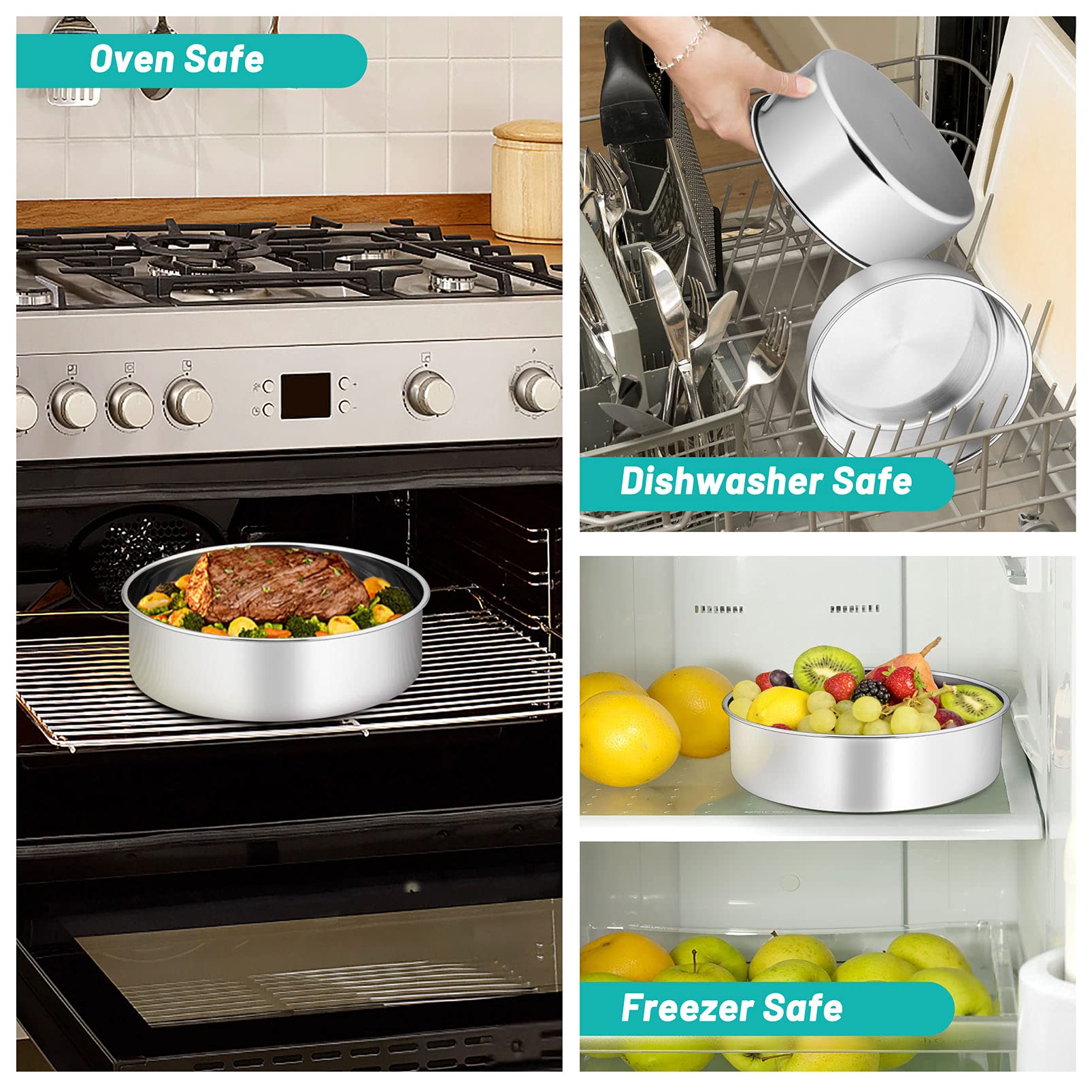 Teamfar 6/8 / 9 Inch Cake Pan, Stainless Steel Round Baking Pan For Cake Brownie Lasagna, Non-Toxic & Heavy Duty, 3    Deep Wall