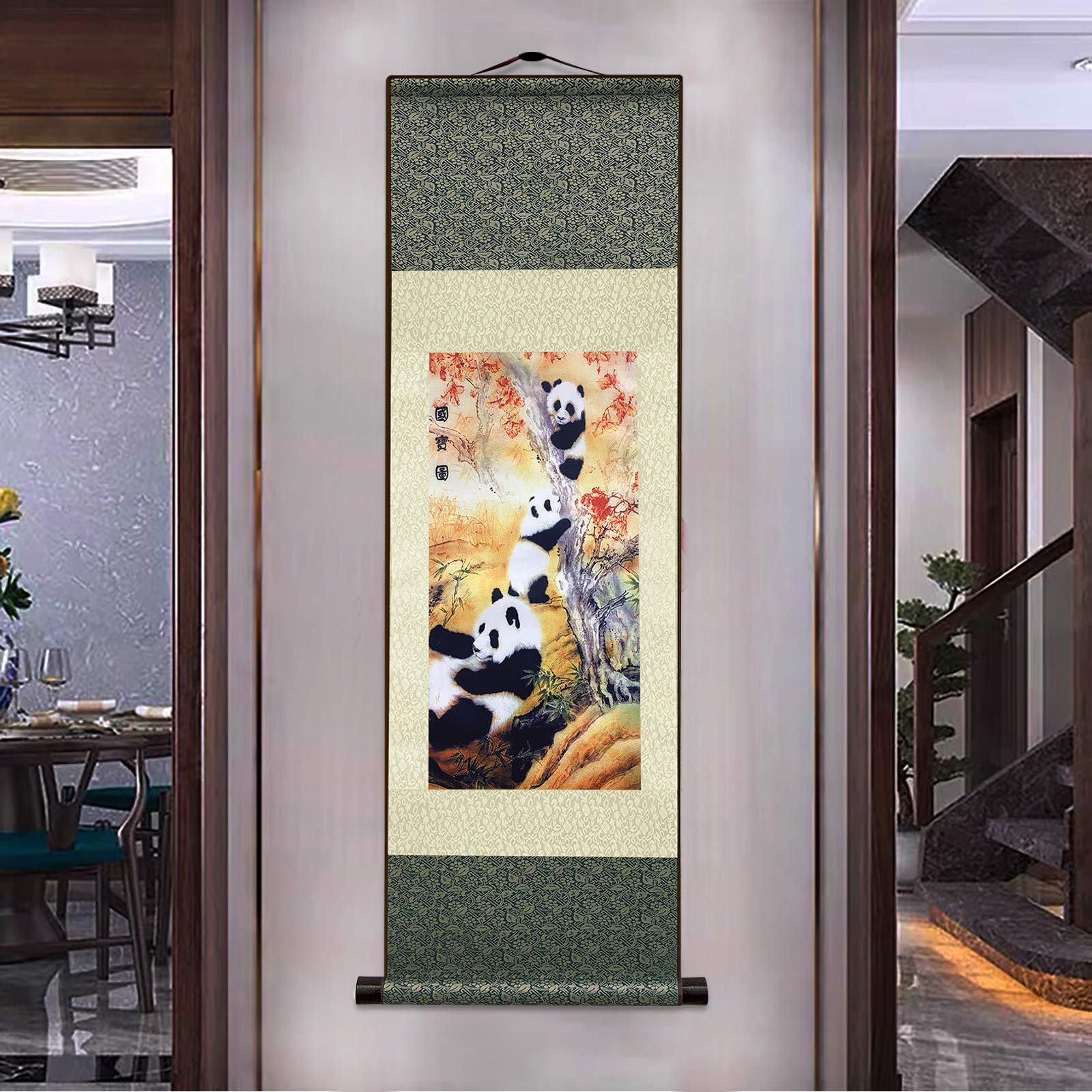 AtfArt Asian Wall Decor Beautiful Silk Scroll Painting National Treasure Chinese Panda Oriental Decor Chinese Art Wall Scroll Wall Hanging Painting Scroll (39 x 12 in)