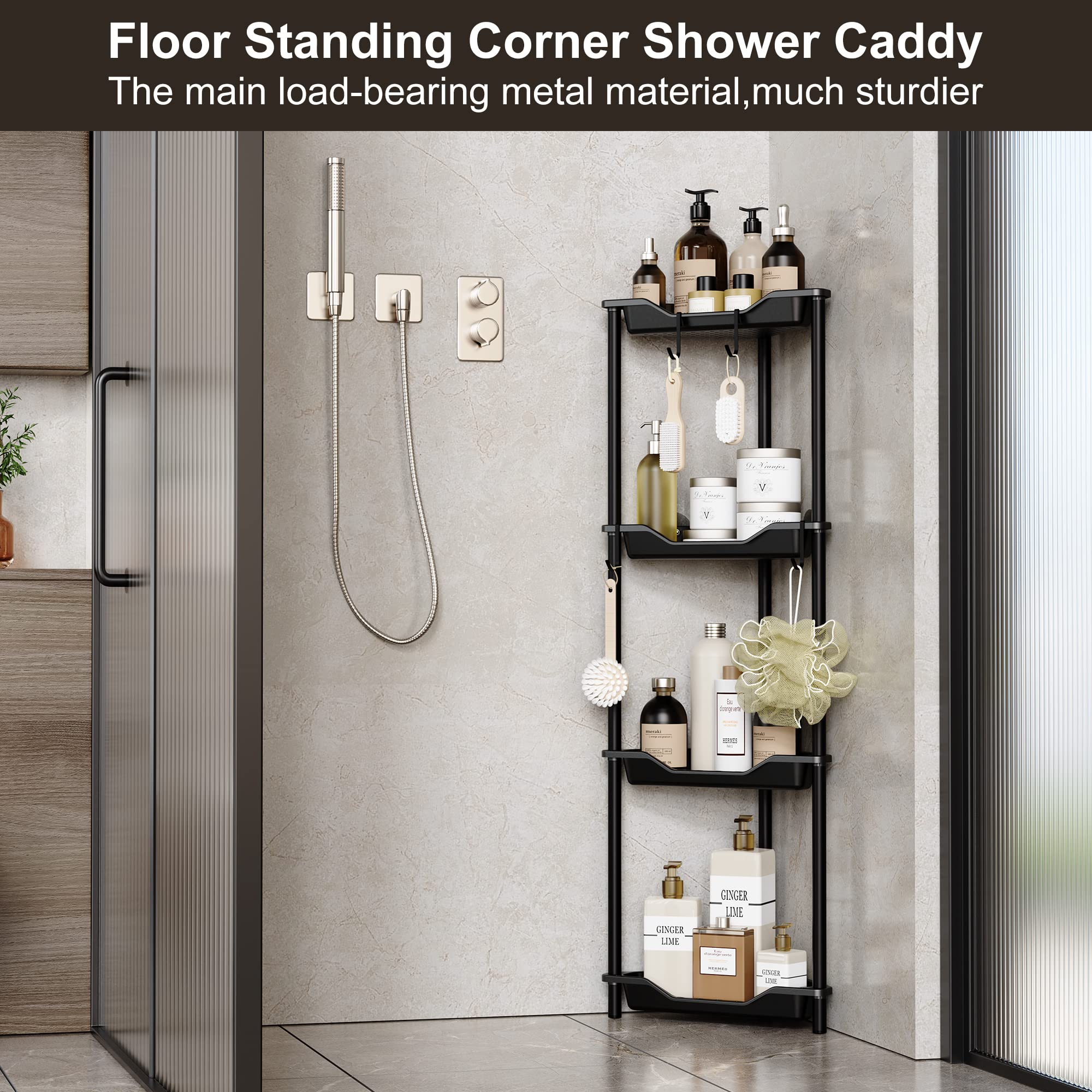 Orimade Rustproof 4 Tier Floor Standing Corner Shower Caddy Organizer, Plastic Metal Splicing Floor Corner Shelf Rack Storage St