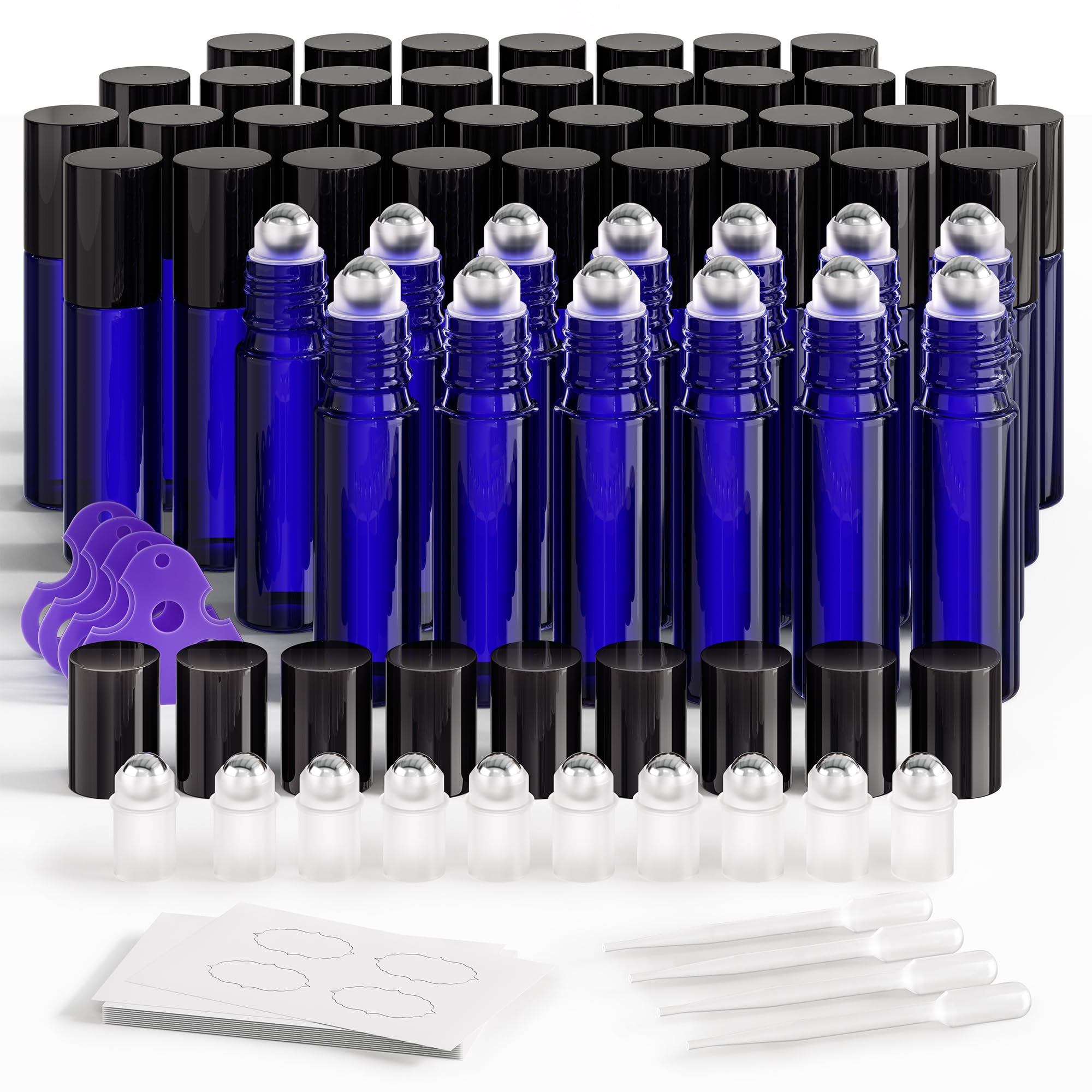 ULG Essential Oil Roller Bottles 48 Pack 10ml Cobalt Blue Glass Empty Bottles with Stainless Steel Roller Balls (10 Extra Roller Balls  4 Openers  4 Droppers  48 Waterproof Labels)
