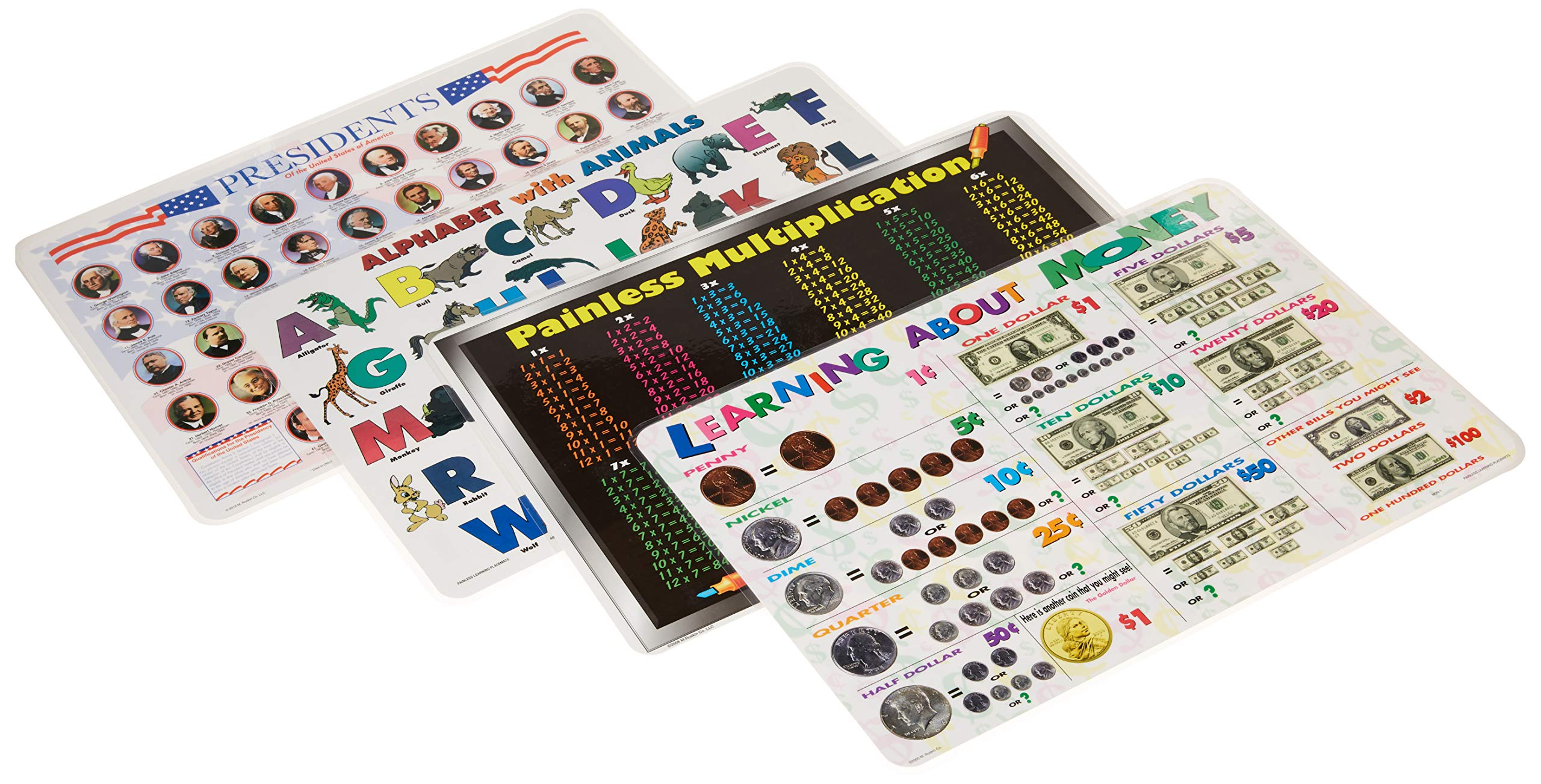 Painless Learning Educational Placemats For Kids Usa And World Map, Time And Money, Alphabet, Us Presidents, Solar System, Multi