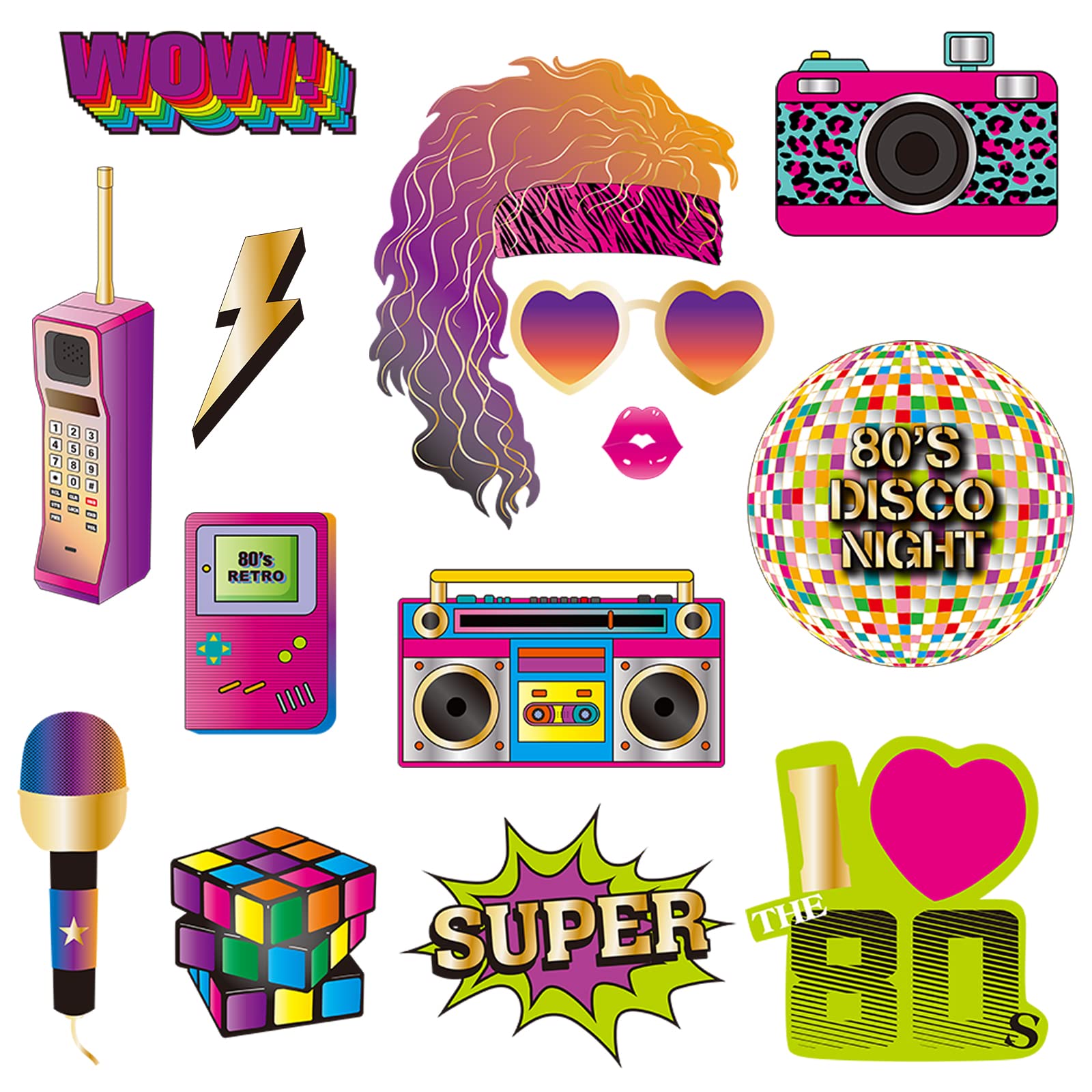 Brt Bearingshui 80S Photo Booth Props, Retro 80'S Photo Prop Set, Throwback 80'S Photo Booth Prop Set 1980'S Theme Party Decorat