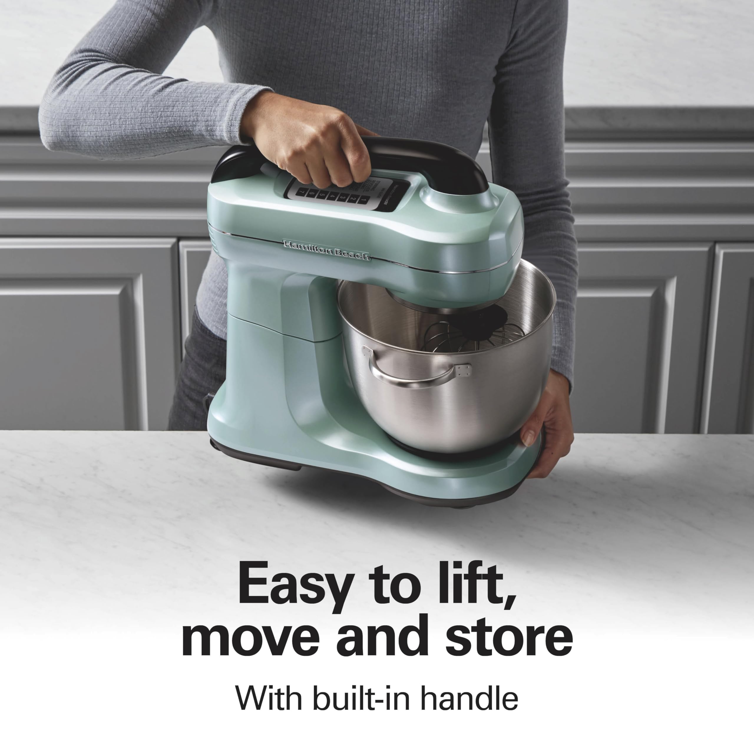 Hamilton Beach Electric Stand Mixer, 4 Quarts, Dough Hook, Flat Beater Attachments, Splash Guard, 7 Speeds With Whisk, Aqua