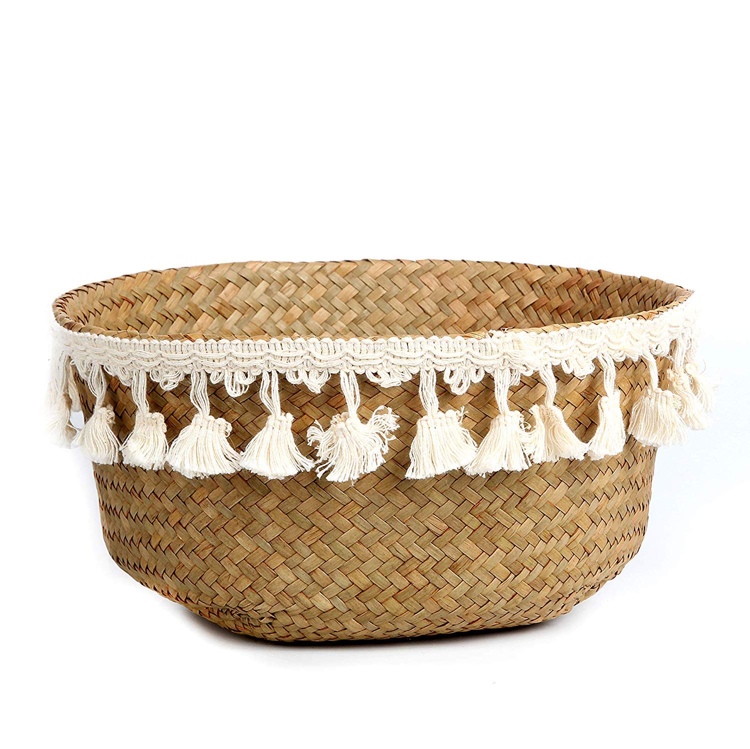 Bluemake Tassel Macrame Woven Seagrass Belly Basket For Storage, Decoration, Laundry, Picnic, Plant Basin Cover, Groceries And T