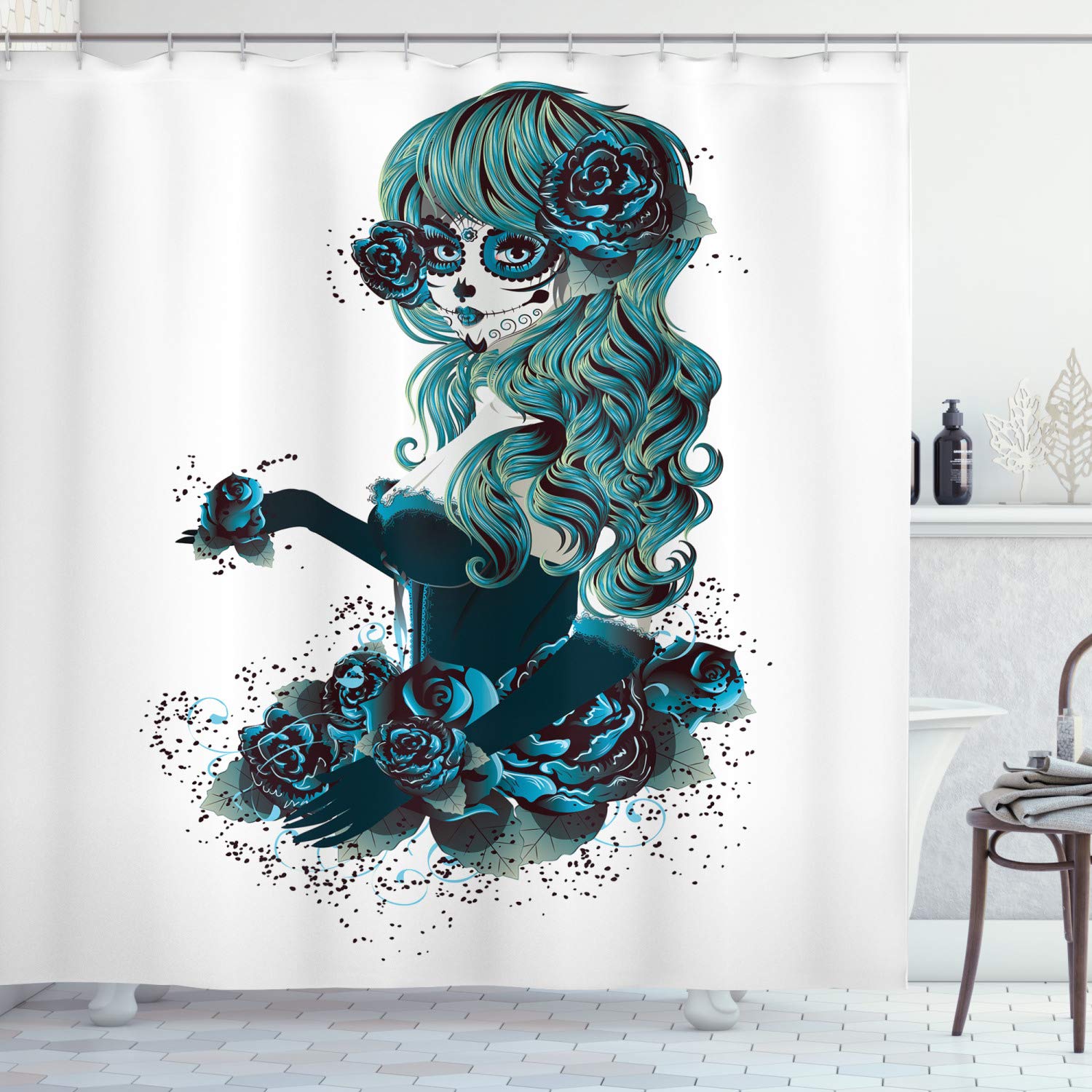 Ambesonne Skull Shower Curtain, Vintage Sugar Shape Girl Day Of The Dead Bride Dark Color Roses Graphic, Cloth Fabric Bathroom D