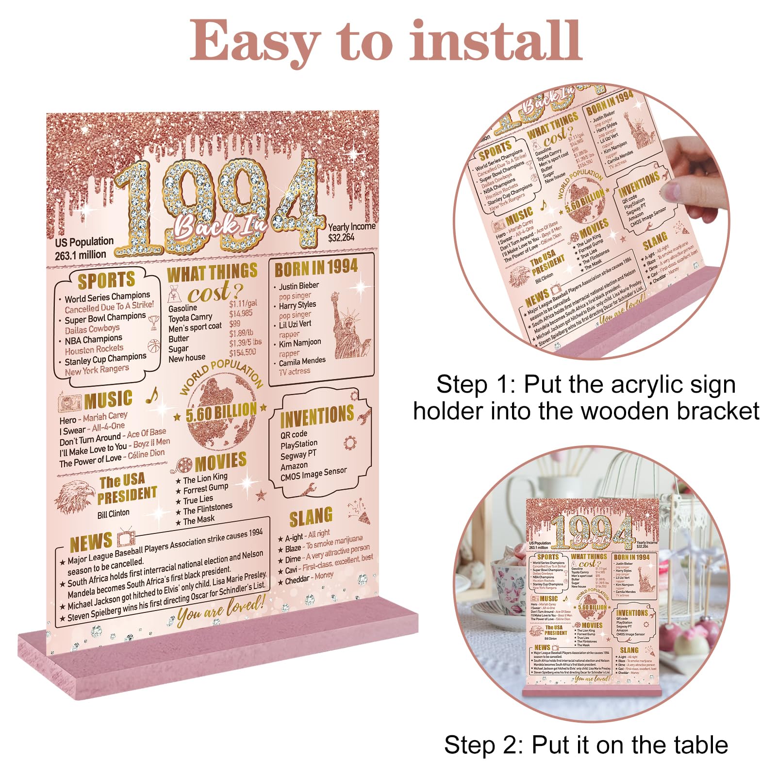 Bumqviy Happy 30Th Birthday Decorations Back In 1994 Table Sign For Women, Pink Rose Gold 30 & Fabulous Birthday Two-Sided Woode