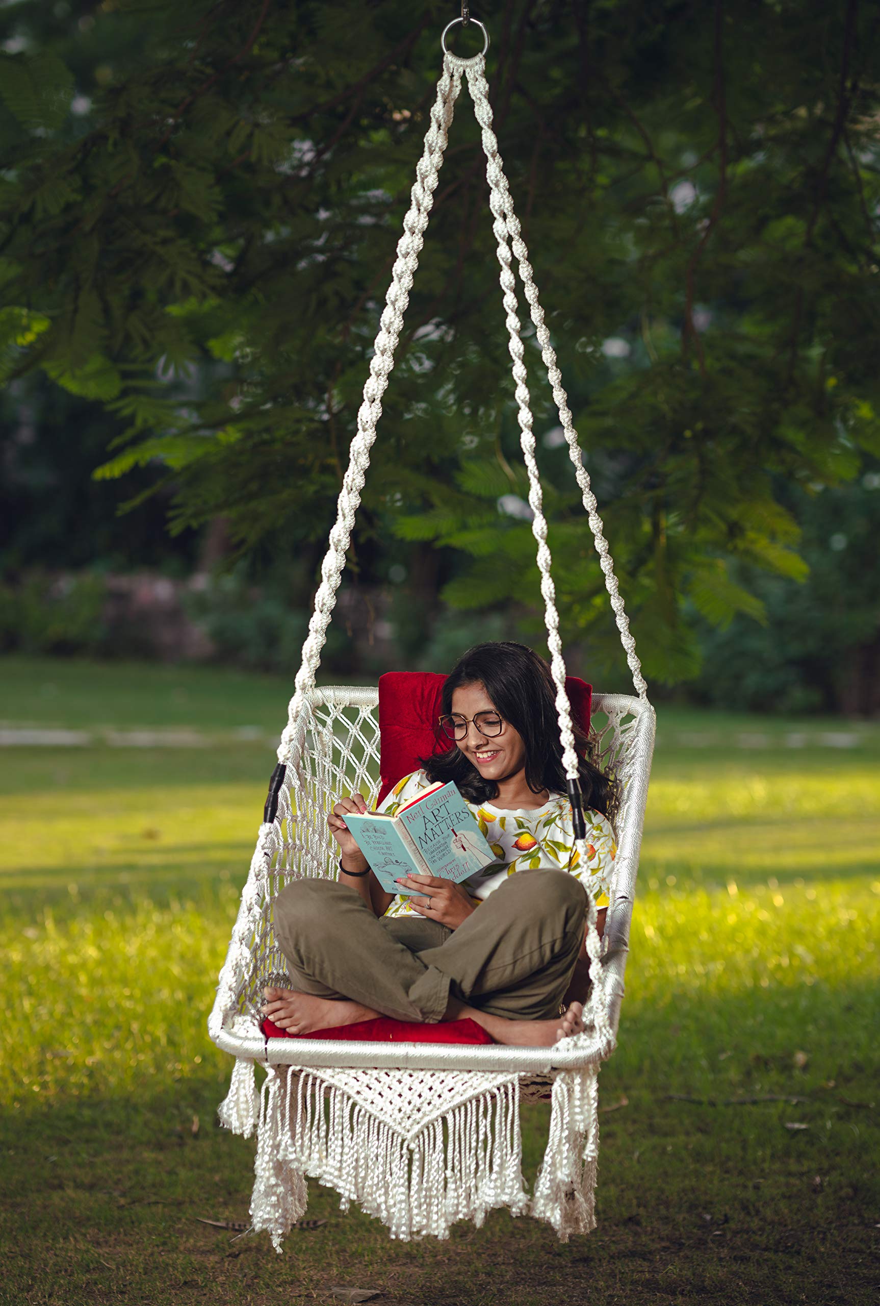 Patiofy Rectangle Shape Swing/Swing For Balcony/Swing Chair For Adults For Home/Hammock Swing For Adults/Jhoola Jhula W/ Red Squ