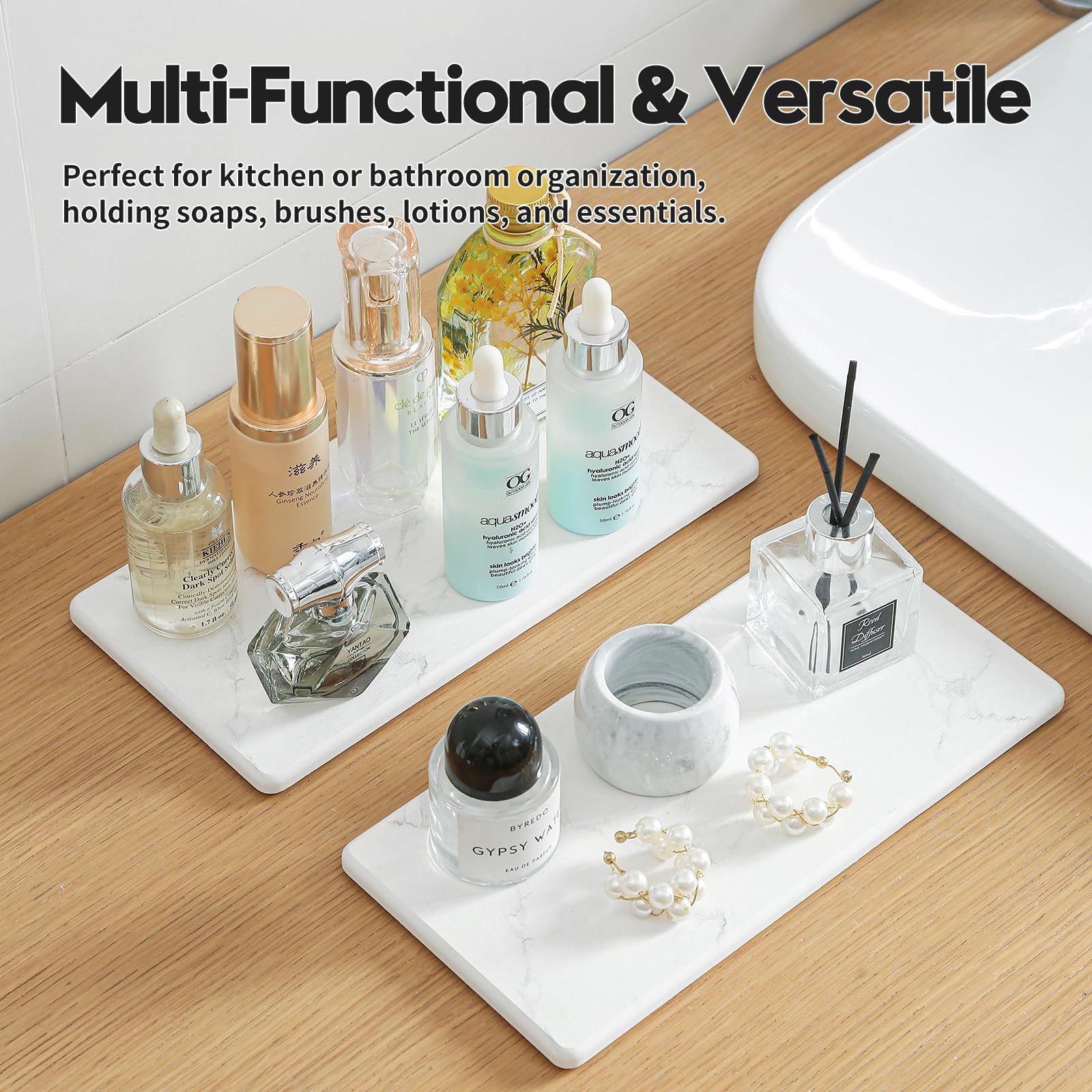 2PCS 10x 5 Large Bathroom Sink Vanity Trays, Water Absorbing Diatomite Stone Quick Drying Mat for Kitchen Counter, Dish Rack Dis