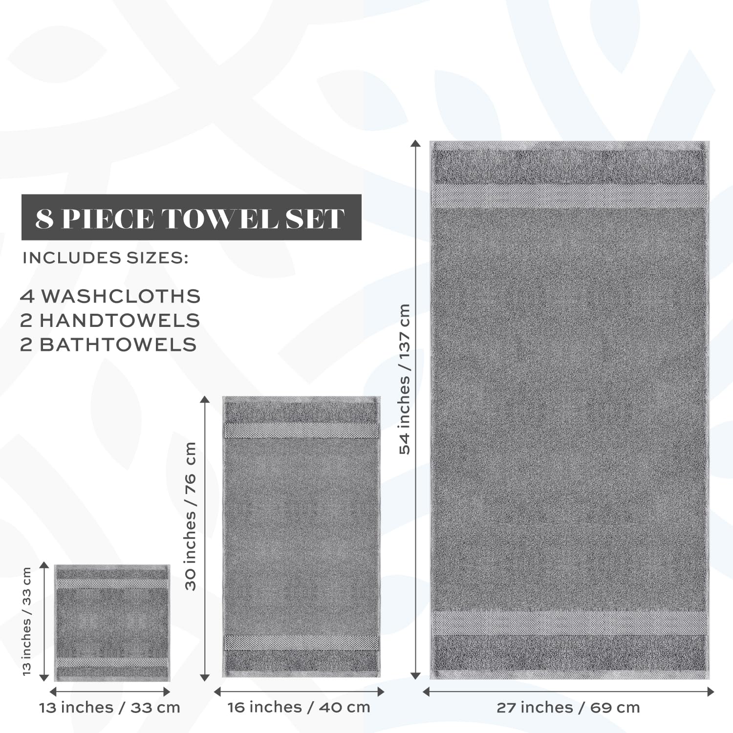 White Classic Luxury Light Grey Bath Towel Set - Combed Cotton Hotel Quality Absorbent 8 Piece Towels | 2 Bath Towels | 2 Hand Towels | 4 Washcloths [Worth $72.95] Light Grey | 8 Pack