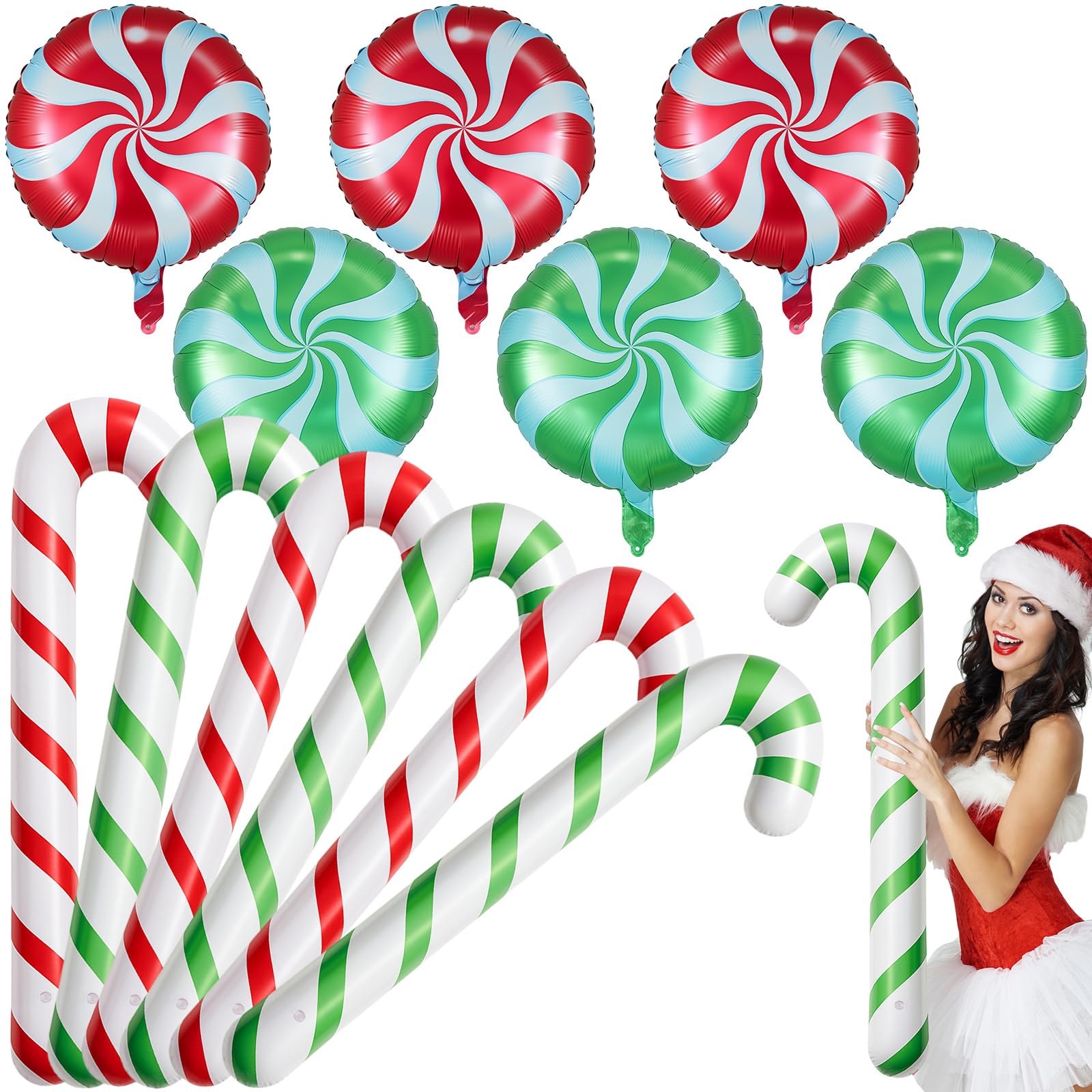 Leyndo 12 Pcs Inflatable Candy Canes for Christmas 35 inch Jumbo Santa Candy Canes 18 inch Lollipop Balloon Christmas Tree Hangi