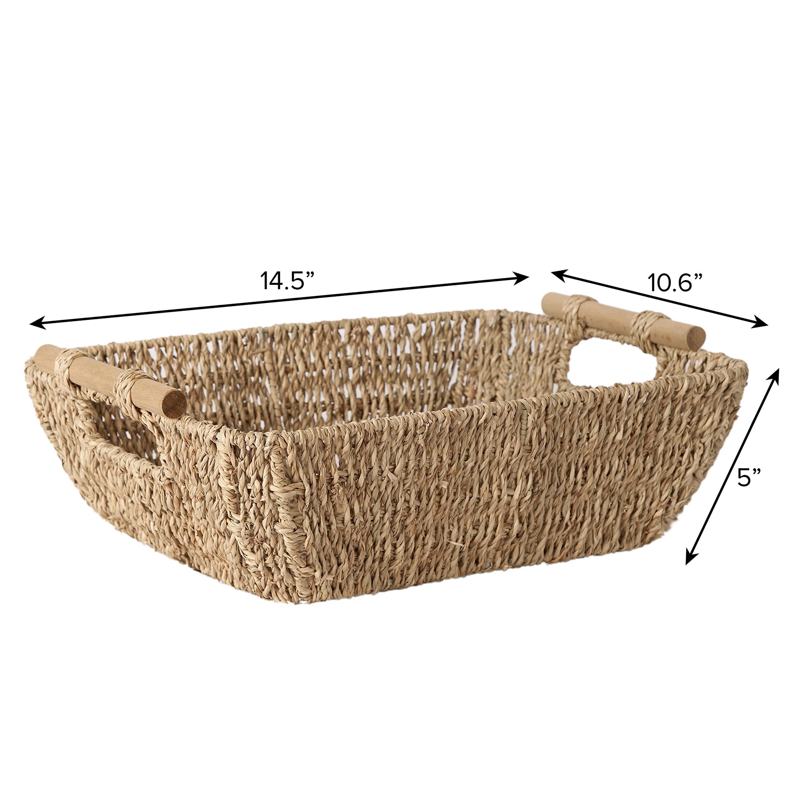 Artera Shallow Wicker Storage Basket - Medium Woven Seagrass Baskets With Wooden Handles For Bathroom, Kitchen Pantry Organizing