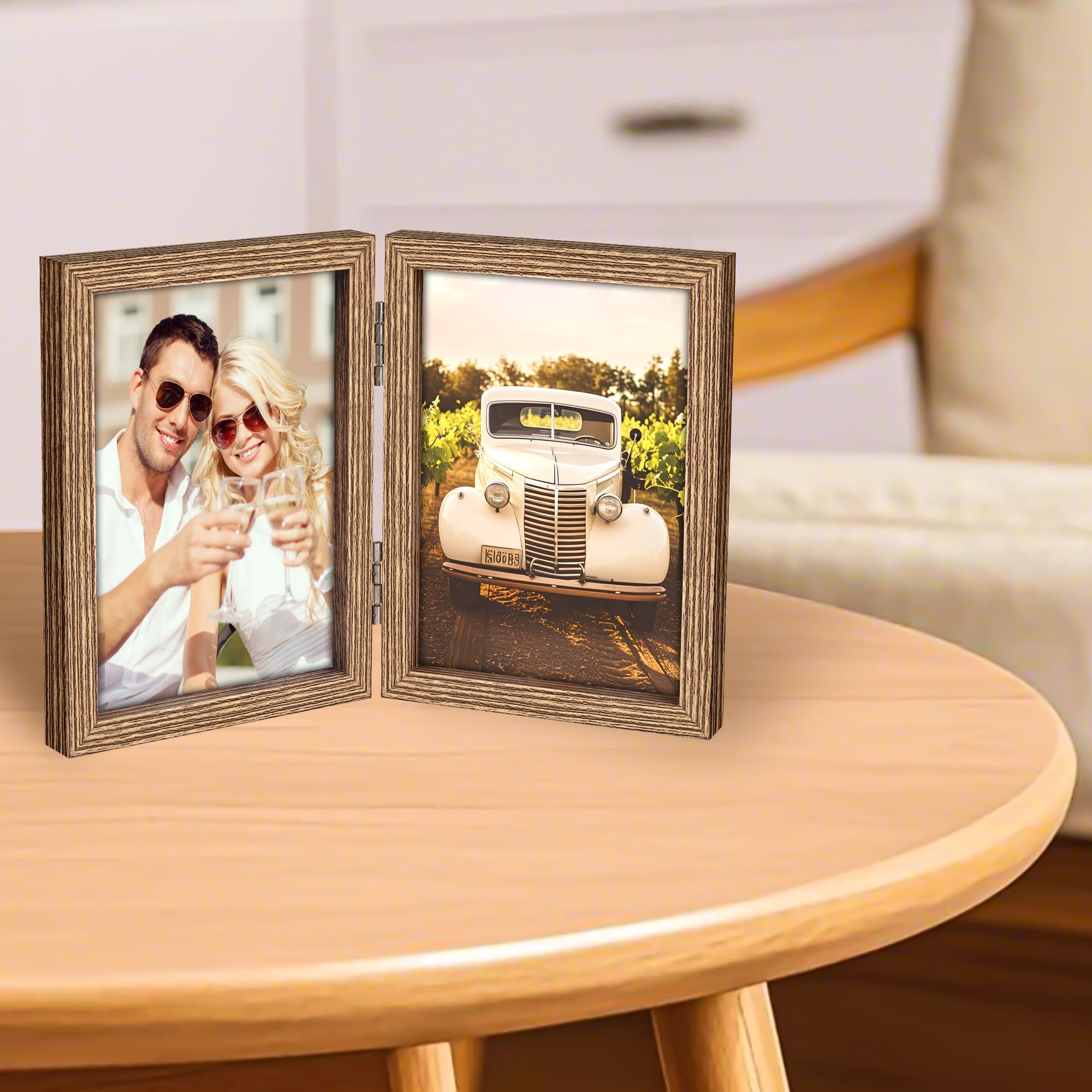 AEVETE 3.5x5 Picture Frames Double Hinged Wood Folding Photo Frames Vertical with Plexiglass Front, Wood Grain