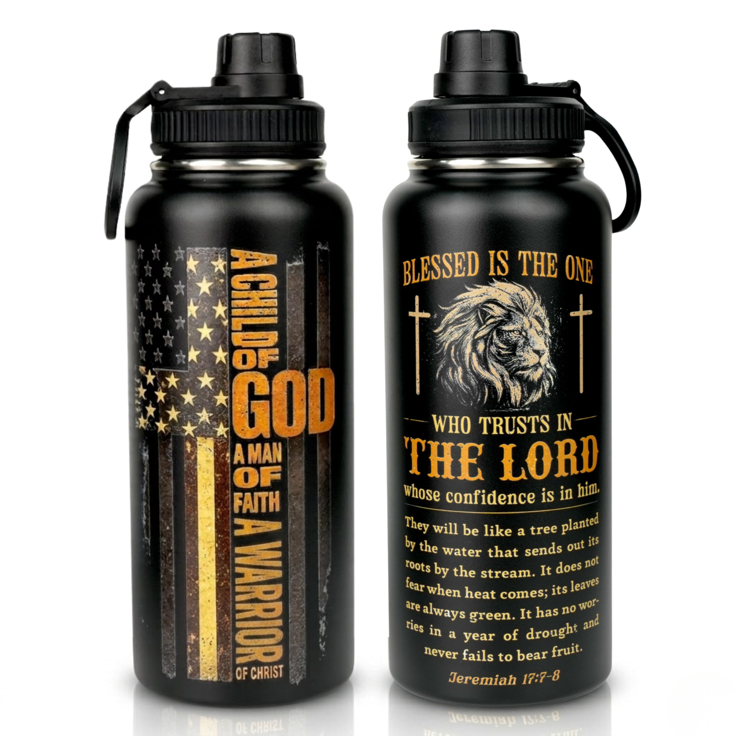 Christian Gifts for Men Insulated Stainless Steel Water Bottle 32 oz, Lion Faith Design Tumbler, Gift for Dad Husband Birthday F