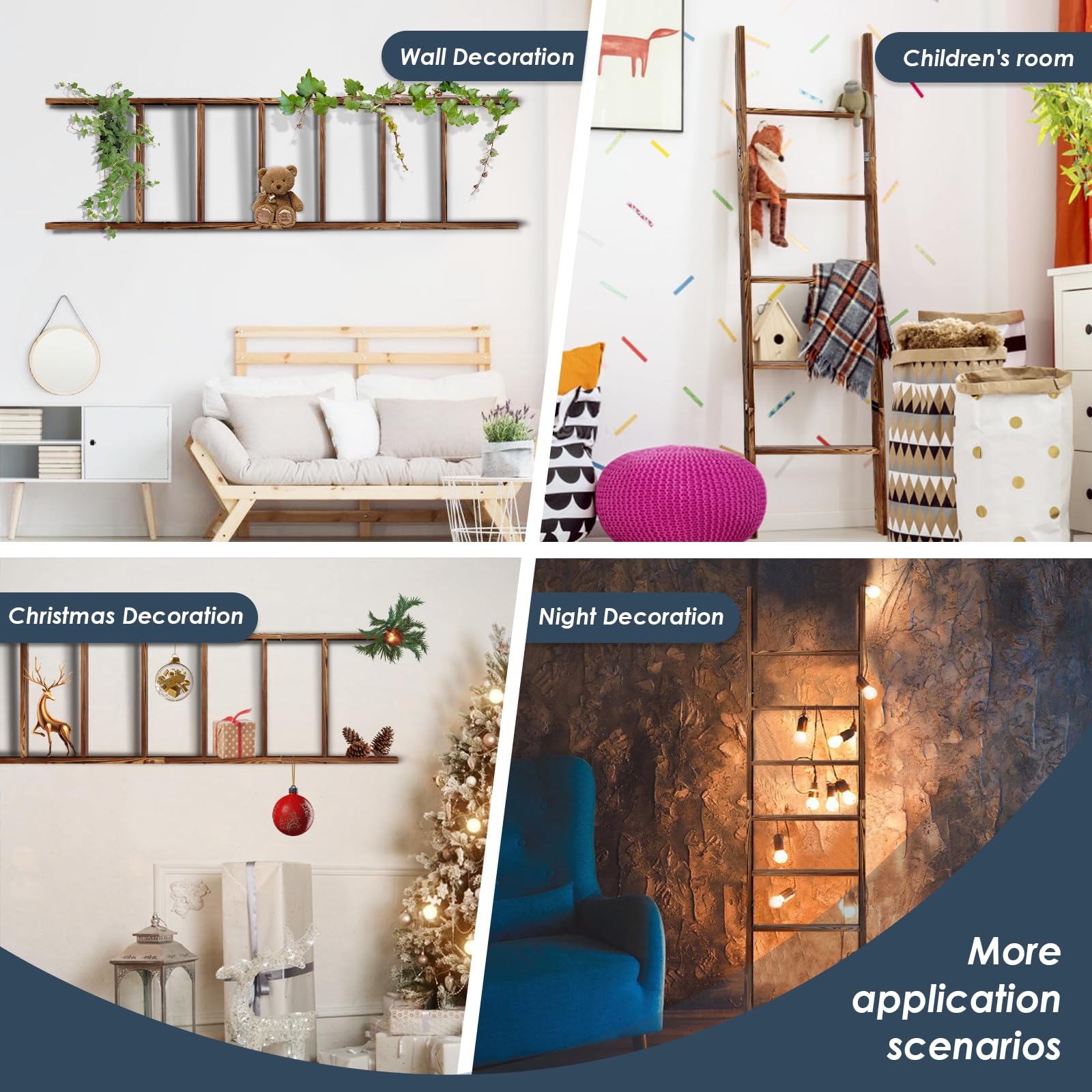 6-Tier Blanket Ladder Wooden, 5.7Ft(66.5'') Blanket Quilt Towel Holder Rack Decorative Ladder, Easy Assembly, Rustic Farmhouse L