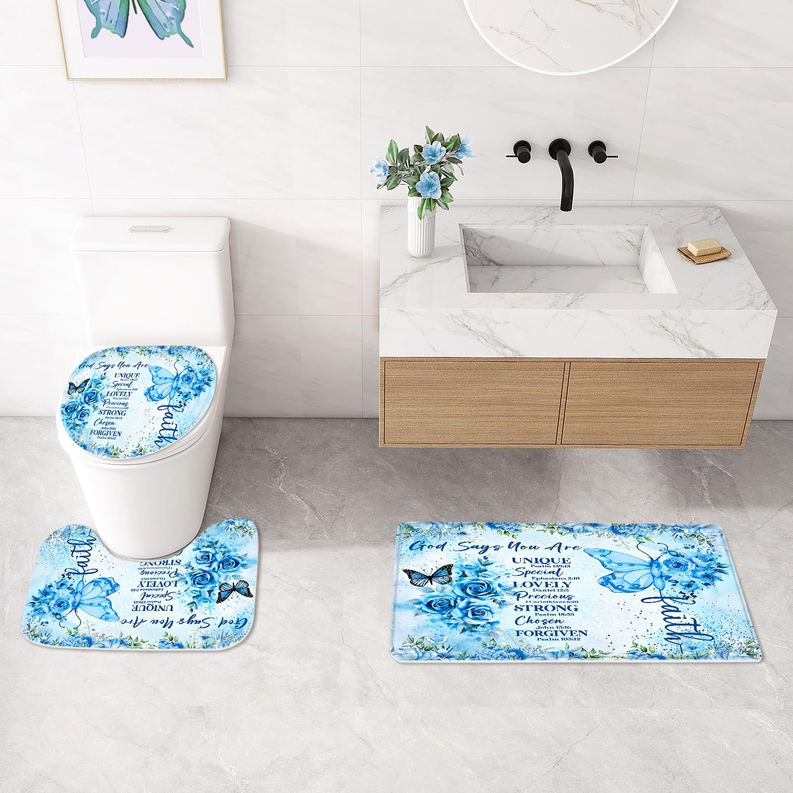 Litabel 4 Pcs Blue Butterfly Inspirational Quotes Shower Curtain Set With Rugs And Toilet Lid Cover, Colorful Boho Waterproof Fa