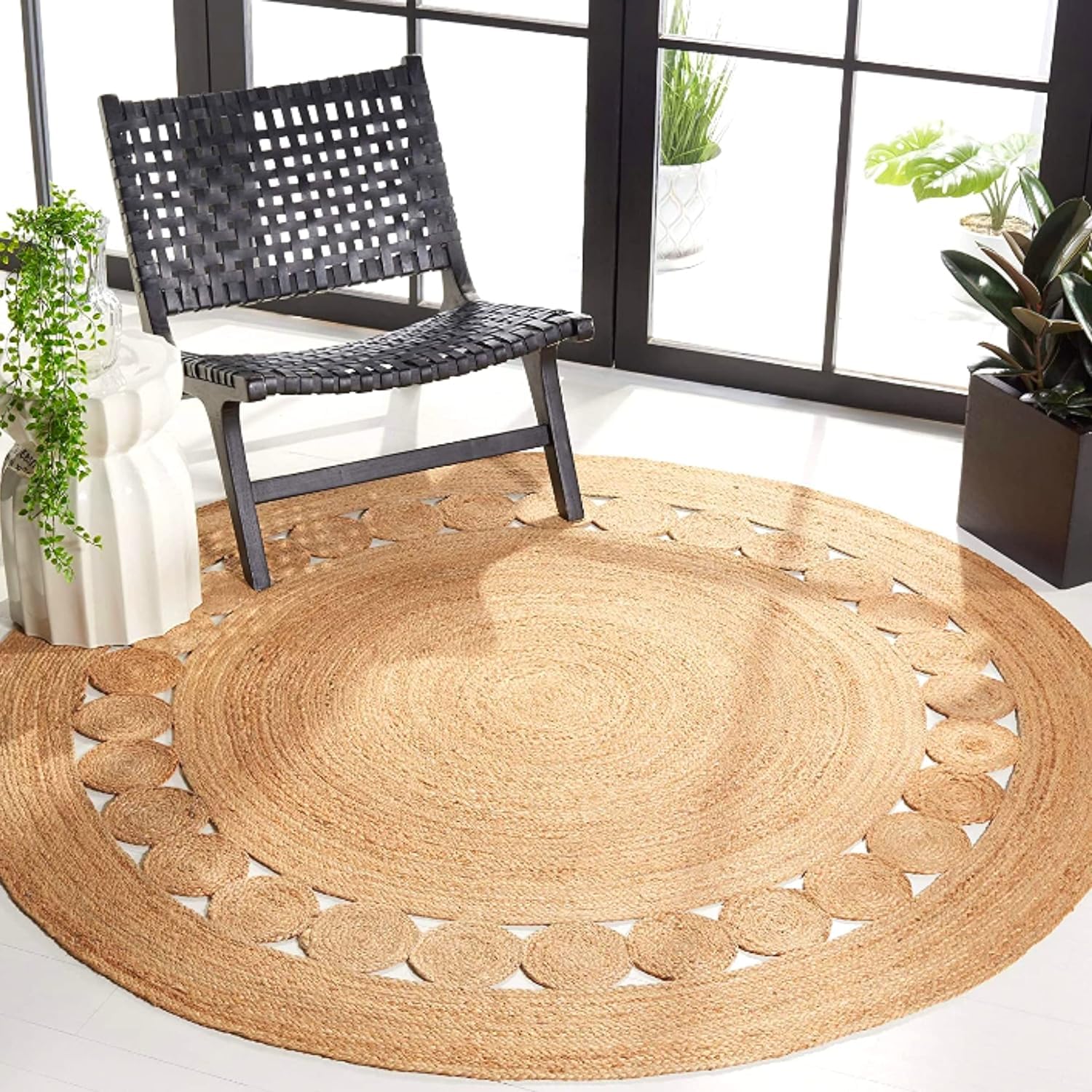 Jute Braided Area Rug, 5-feet Round, Stain Resistance Handcrafted Natural Boho Area Designed for Entryways, Living Room, Bedroom