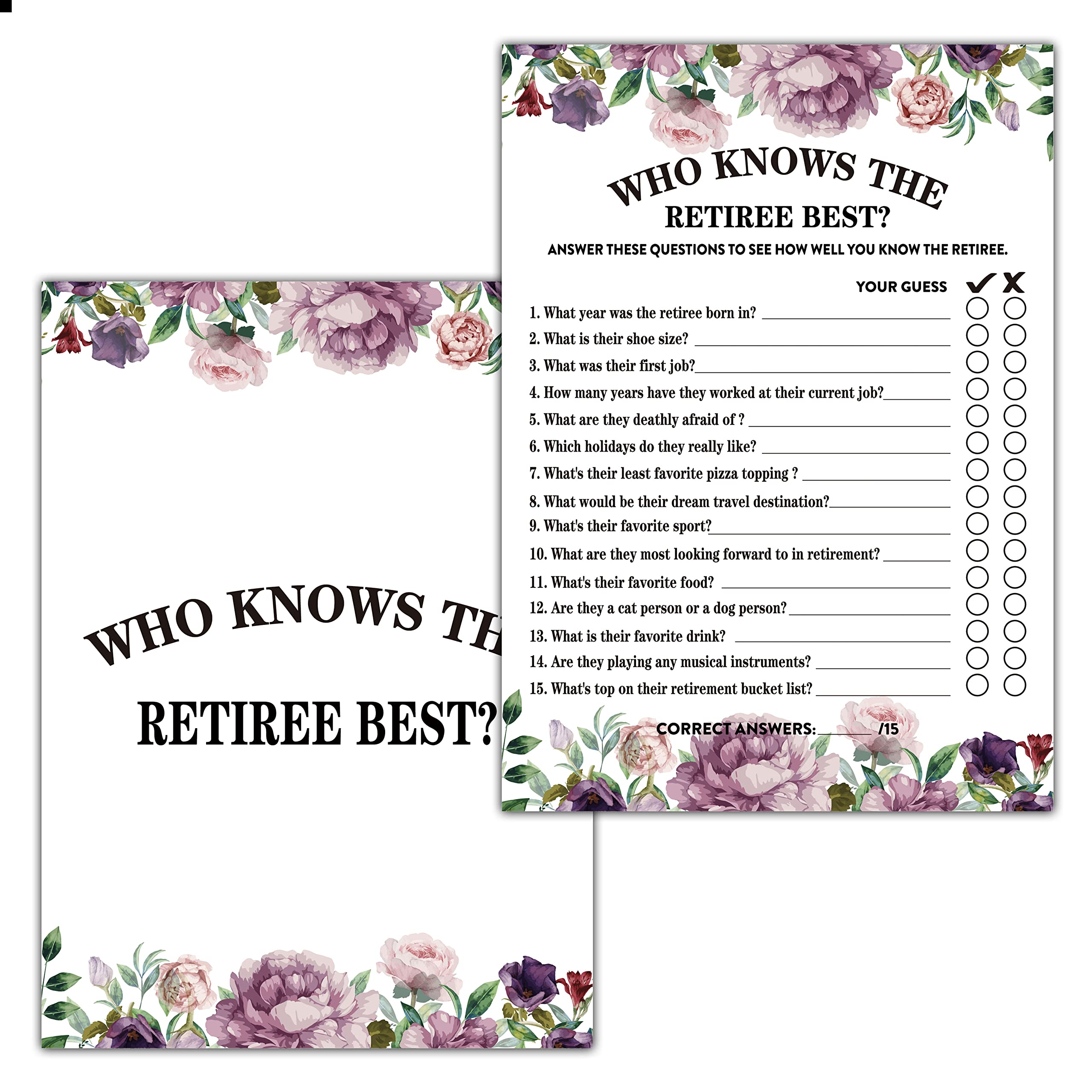 Retirement Party Games, Who Knows The Retiree Best Co-Worker Retirement Party Game Card, Purple Floral Retirement Party Ideas Ac