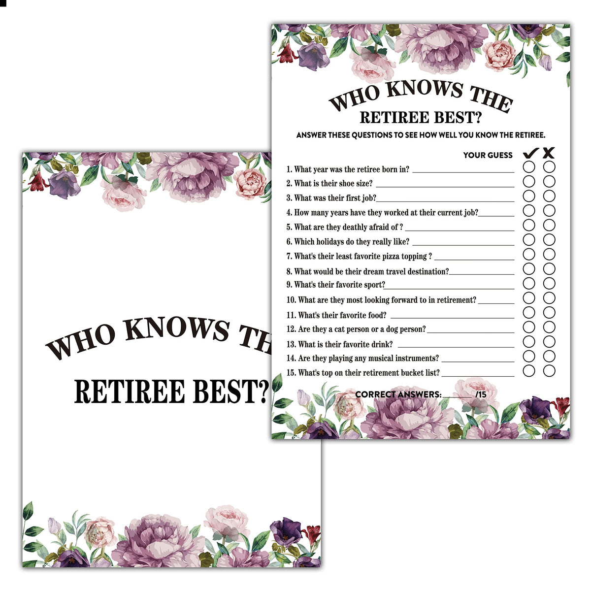 Retirement Party Games, Who Knows The Retiree Best Co-Worker Retirement Party Game Card, Purple Floral Retirement Party Ideas Ac
