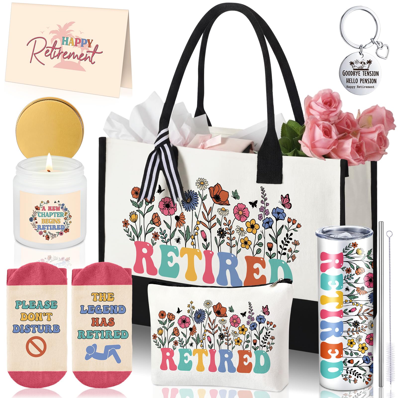 Patelai 7 Pcs Retirement Gifts for Women 2026,Happy Retirement Gift with 20oz Tumbler Tote Bag Socks Candle Cool Retired Gifts f