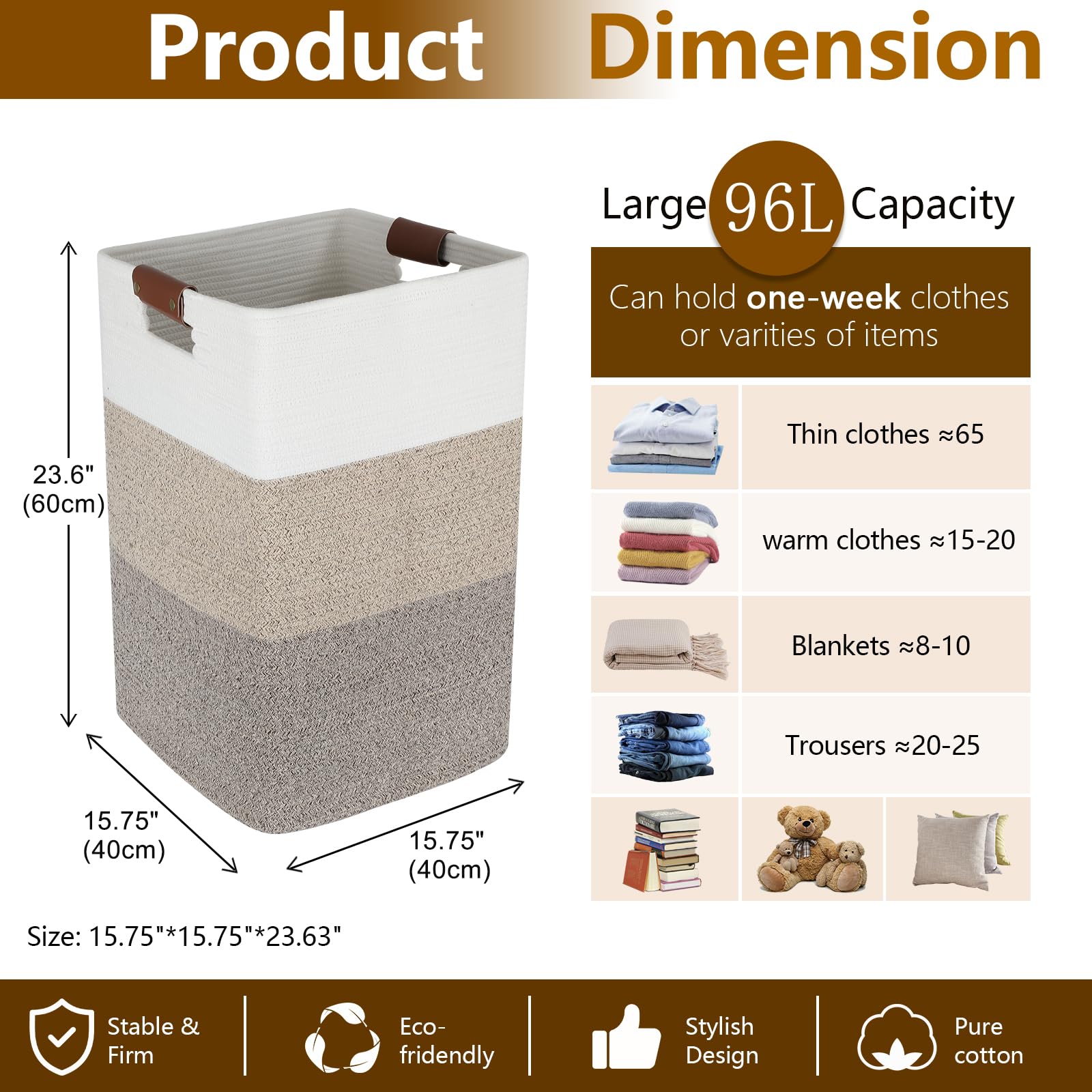 Sixdove Laundry Hamper 96L Extra Large Laundry Basket, Woven Blanket Basket, Cotton Woven Storage Basket Hamper With Handles For